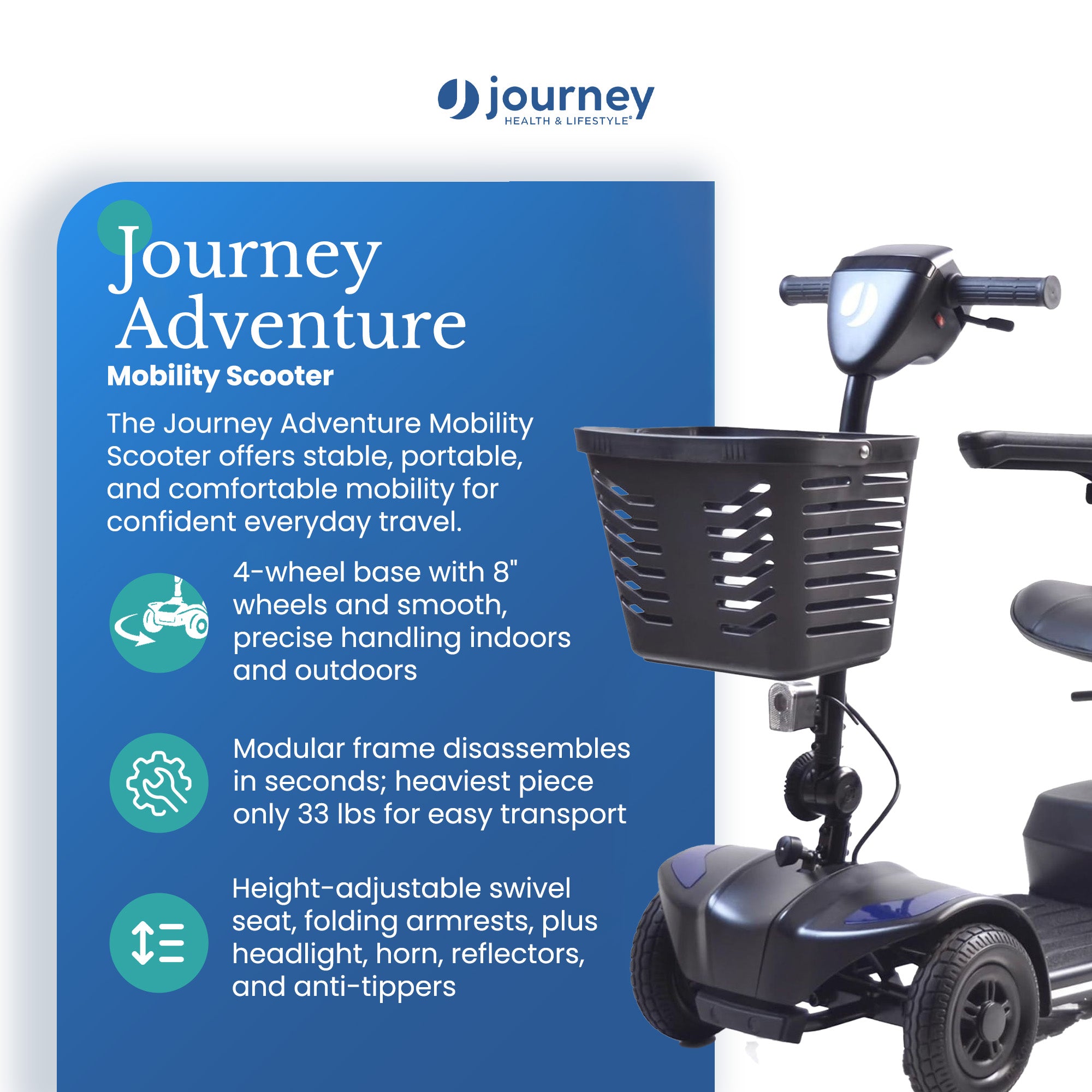 Journey Adventure Mobility Scooter, Electric Motorized Travel Scooter, Blue - VMInnovations