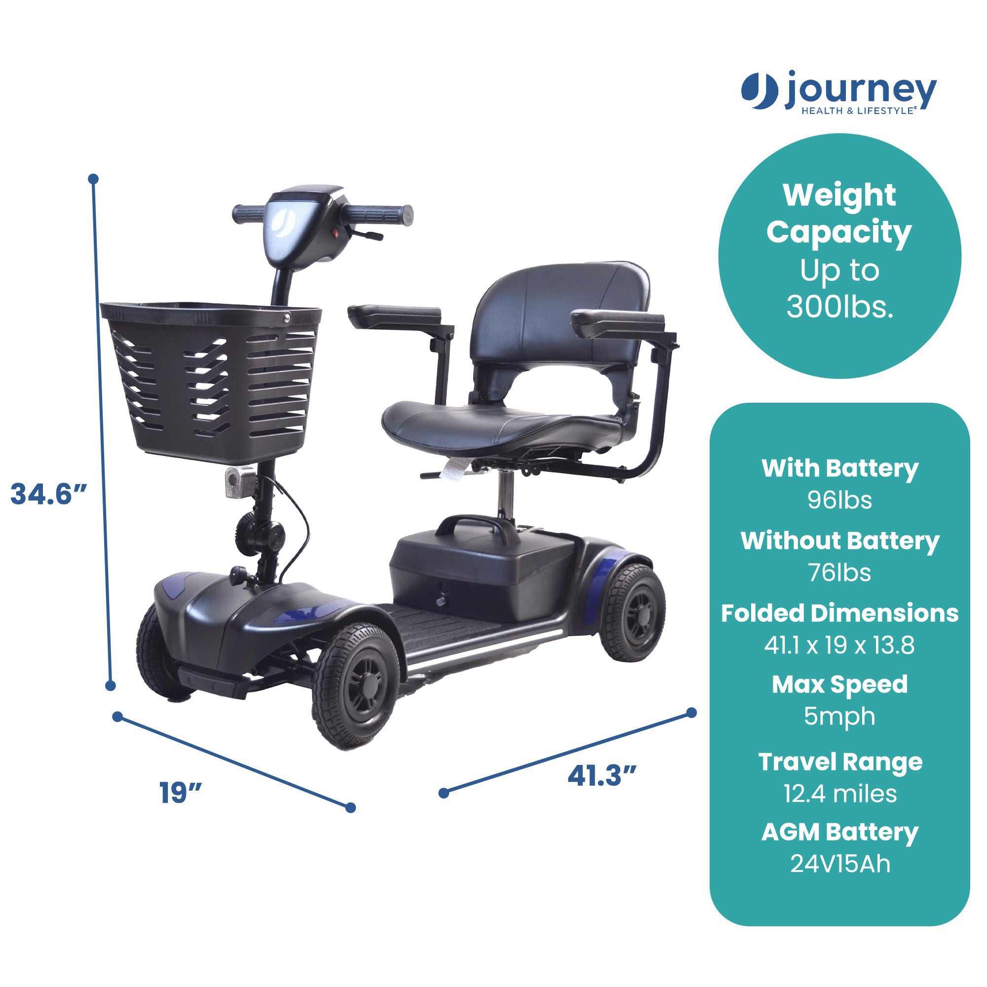 Journey Adventure Mobility Scooter, Electric Motorized Travel Scooter, Blue - VMInnovations