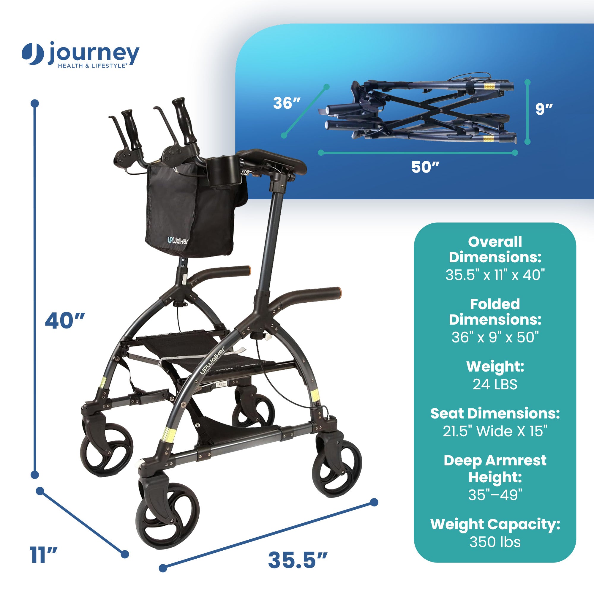LifeWalker UPWalker Large Original Upright Rollator Walker w/ Seat for Seniors - VMInnovations