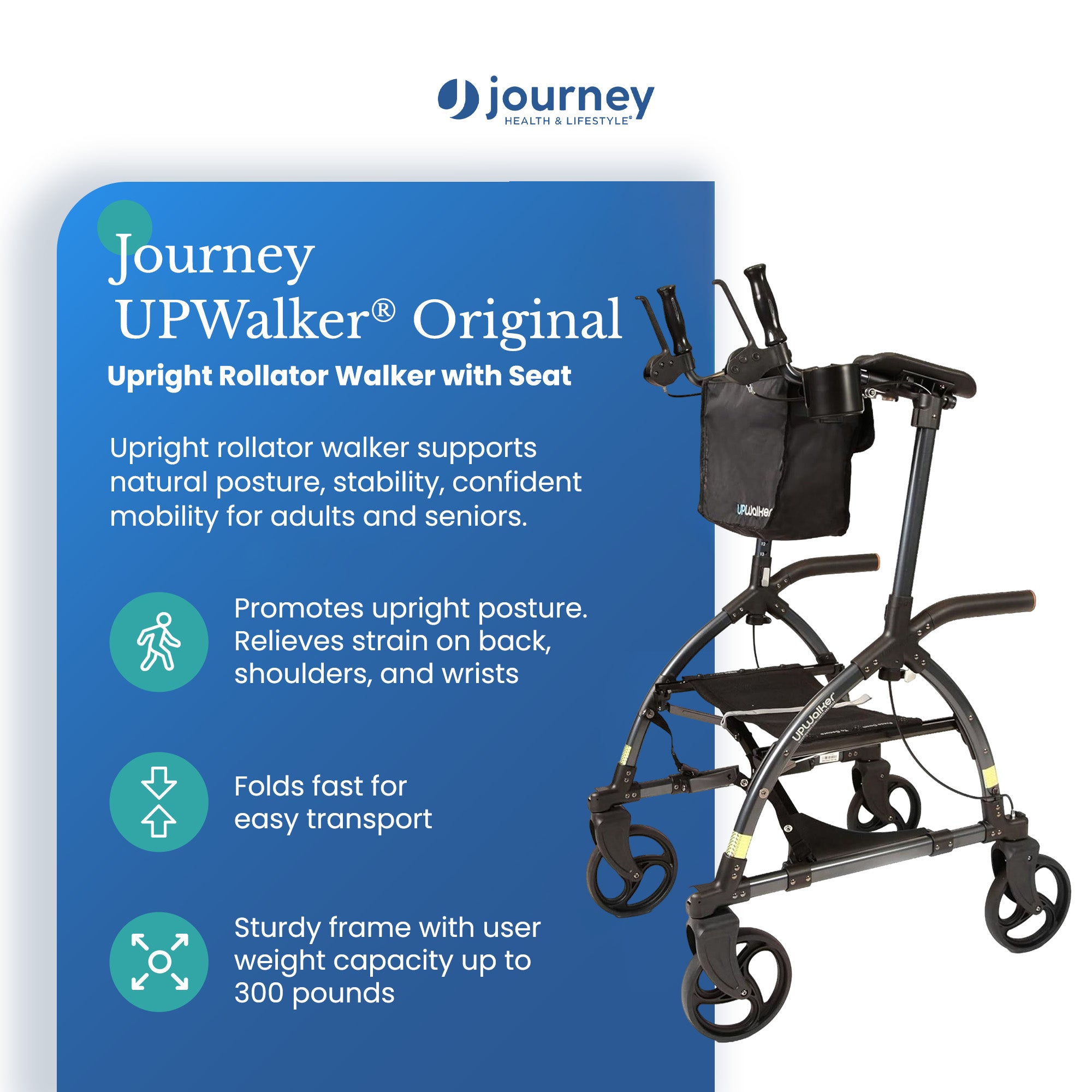 LifeWalker UPWalker Large Original Upright Rollator Walker w/ Seat for Seniors - VMInnovations