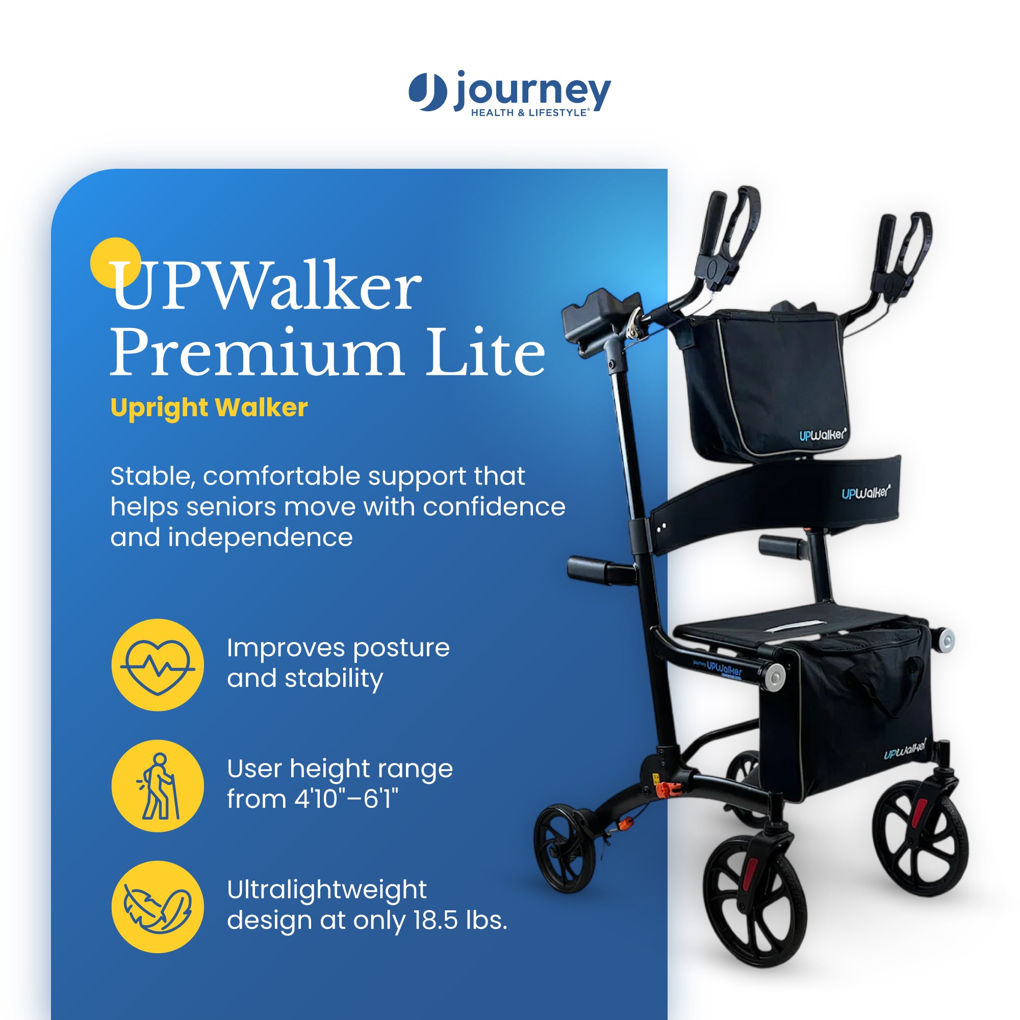 Journey Upright Foldable Walker for Seniors with 10" Front Wheels, and Lights - VMInnovations