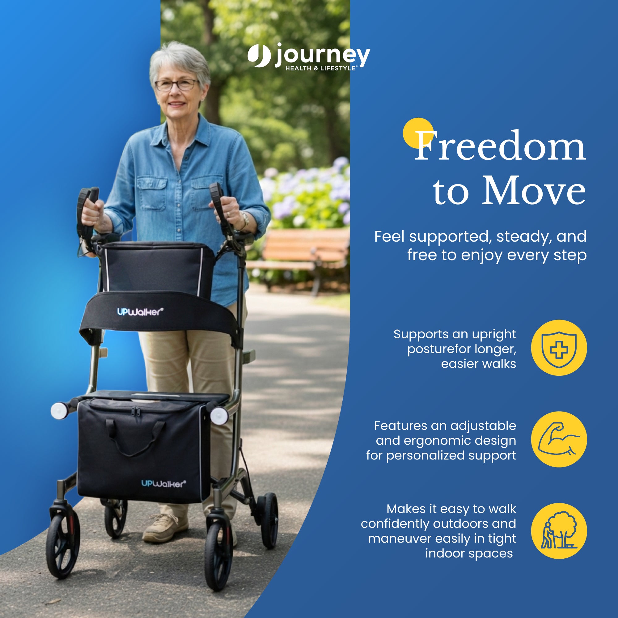 Journey Upright Foldable Walker for Seniors with 10" Front Wheels, and Lights - VMInnovations