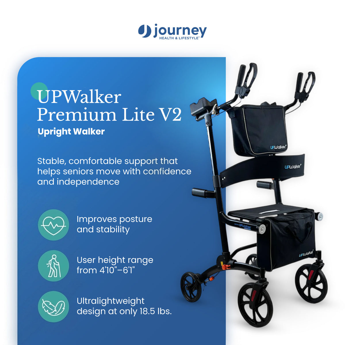 Journey Upright Foldable Walker for Seniors with 10" Front Wheels, and Lights (Open Box)