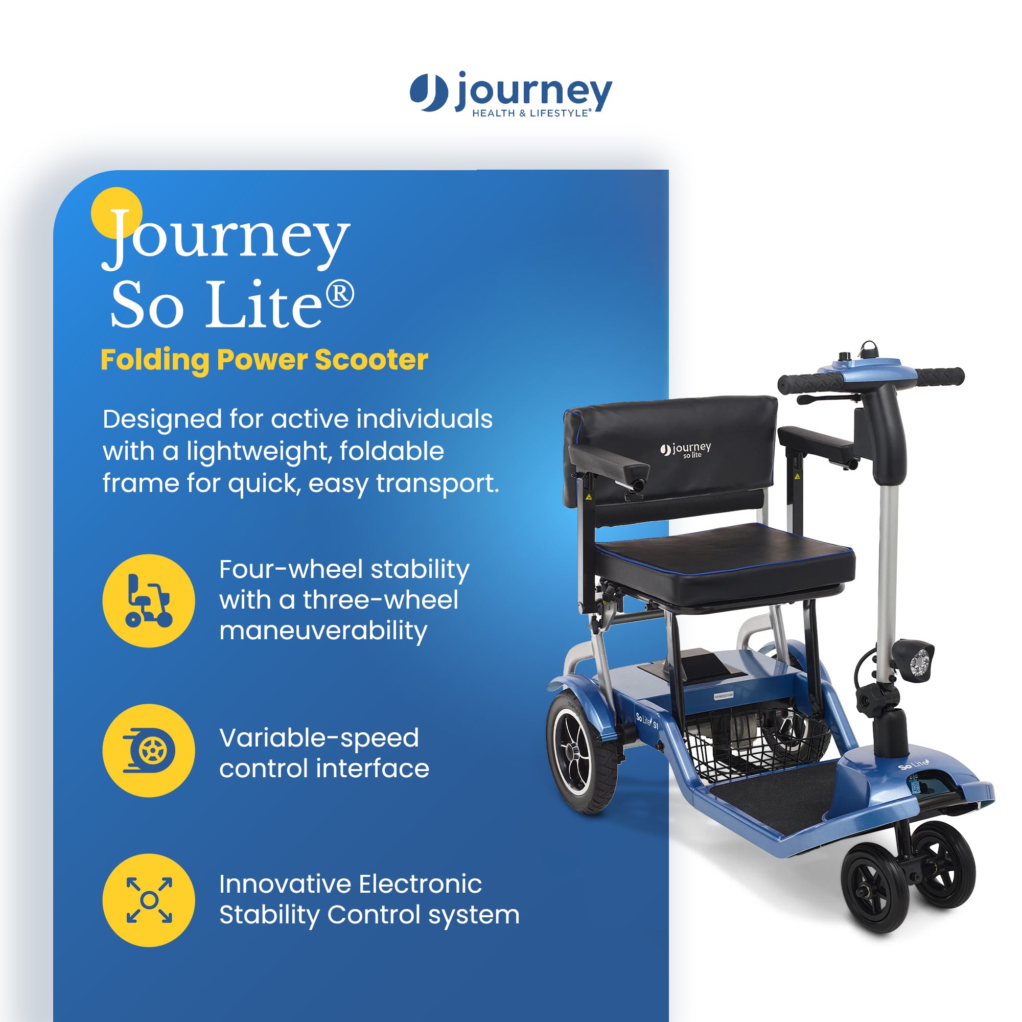 Journey So Lite Folding Power Scooter, Lightweight, 5 mph Max Adjustable Speed - VMInnovations