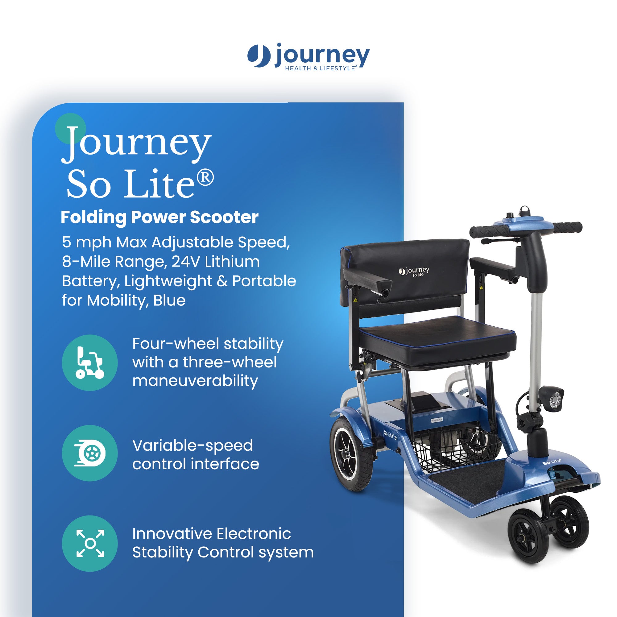 Journey So Lite Folding Power Scooter, Lightweight, 5 mph Max Adjustable Speed - VMInnovations
