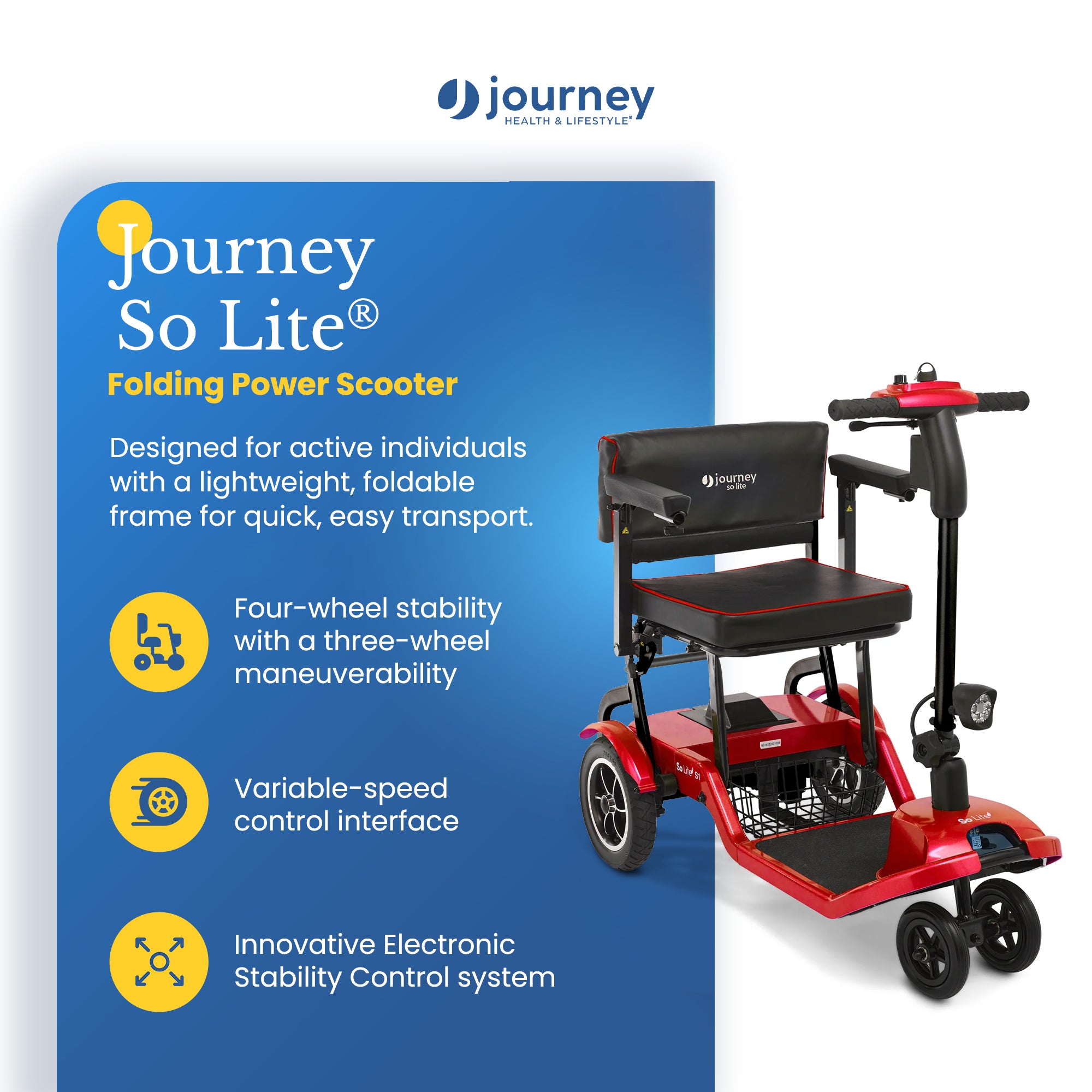 Journey So Lite Folding Power Scooter, Lightweight, 5 mph Max Adjustable Speed - VMInnovations