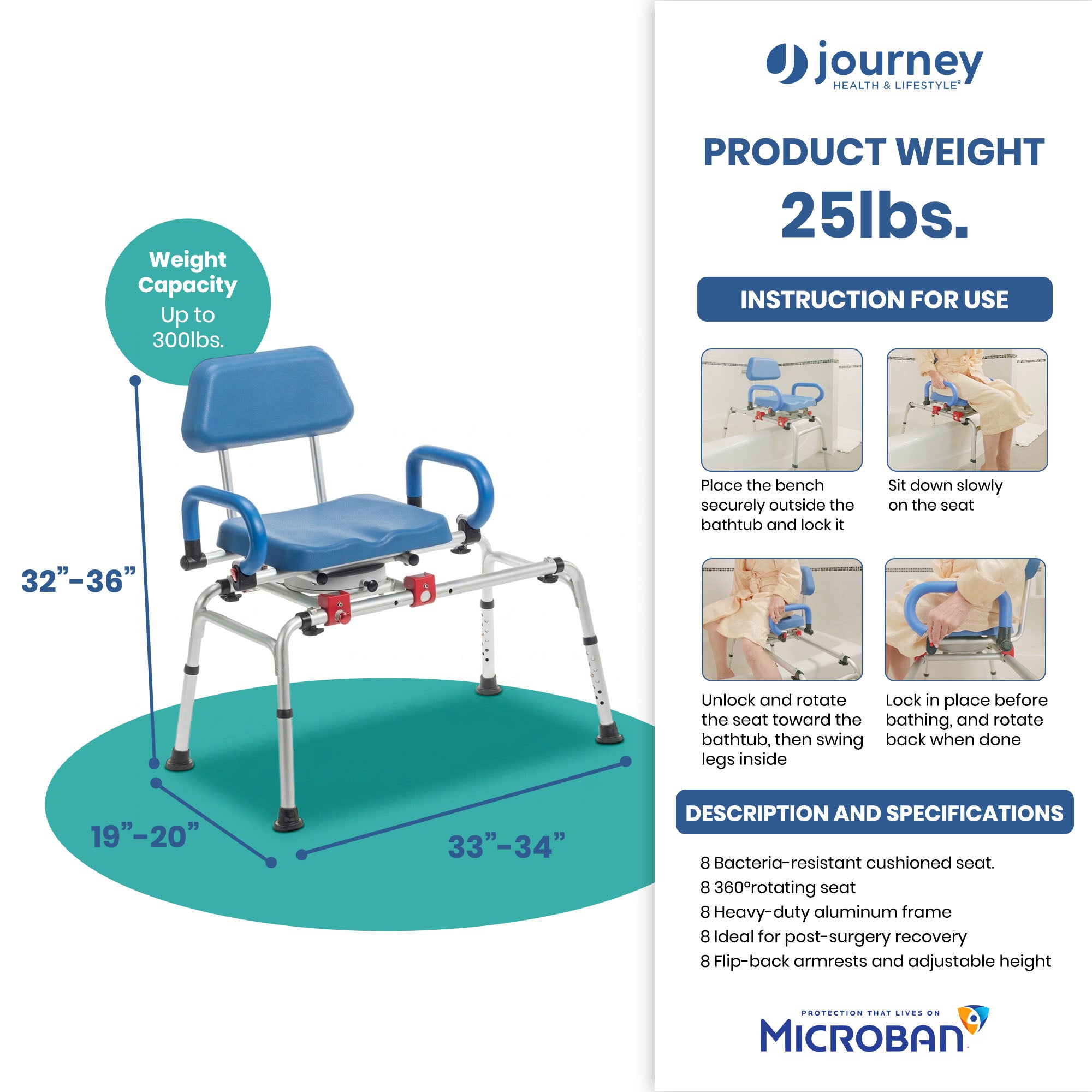 Journey 360 Degree Rotating Transfer Bench, SoftSecure Chair to Bathtub Seat - VMInnovations