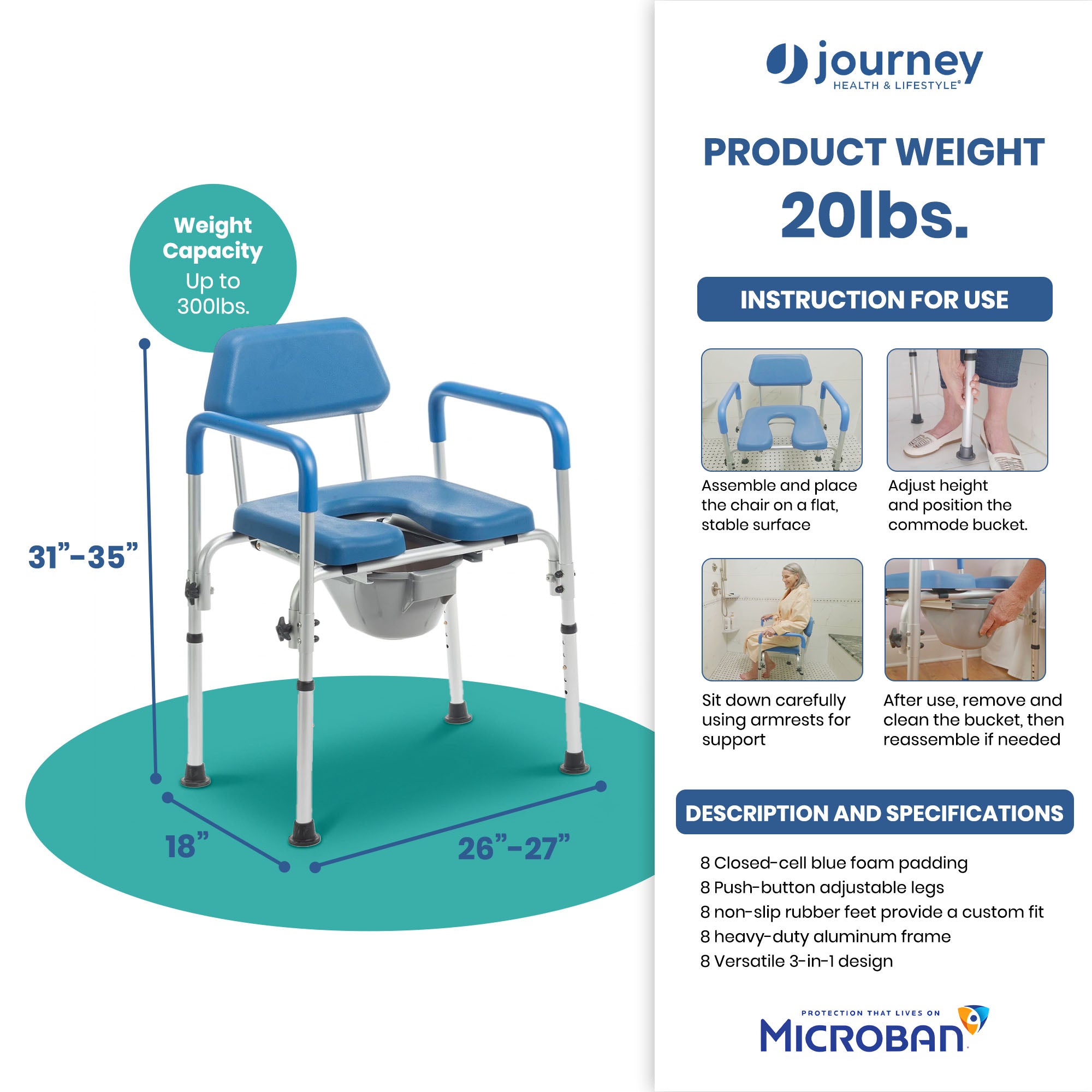 Journey 3-in-1 Commode, Bathroom Bedside Elevated Toilet Seat & Shower Chair - VMInnovations