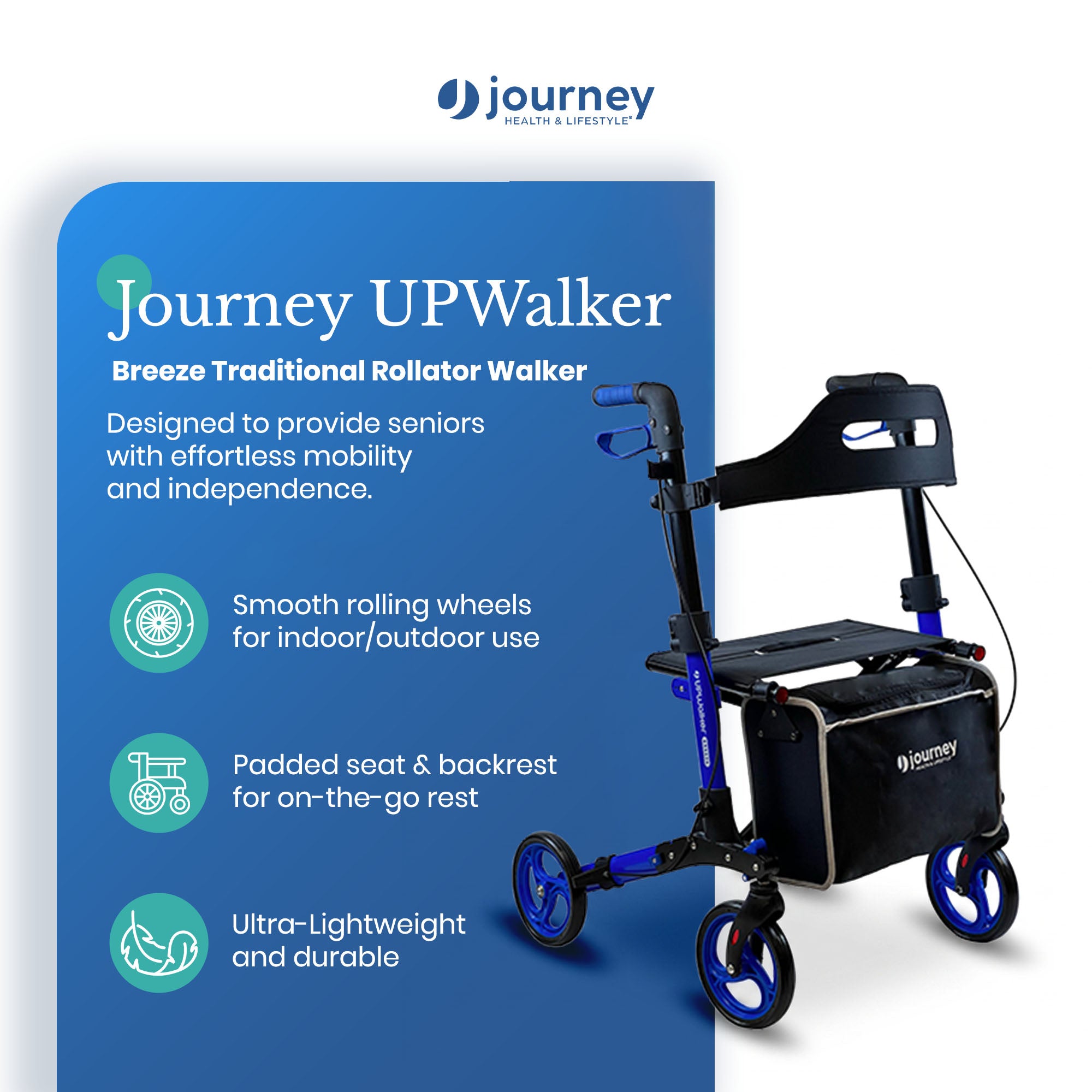 Journey UPWalker Breeze Traditional Rollator Walker with Seat for Adults, Blue - VMInnovations