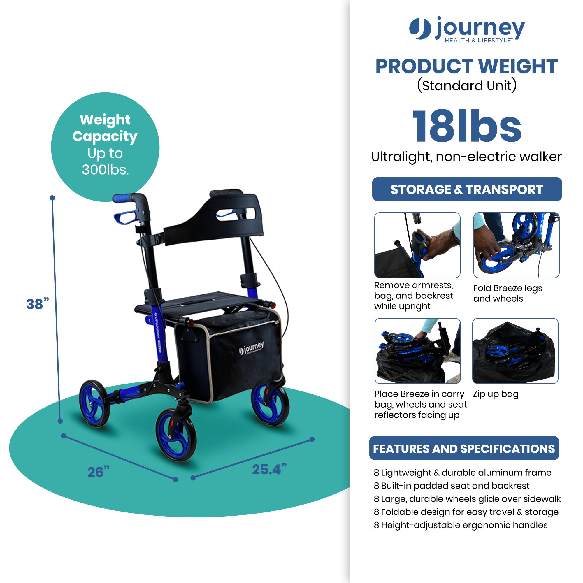Journey UPWalker Breeze Traditional Rollator Walker with Seat for Adults, Blue - VMInnovations