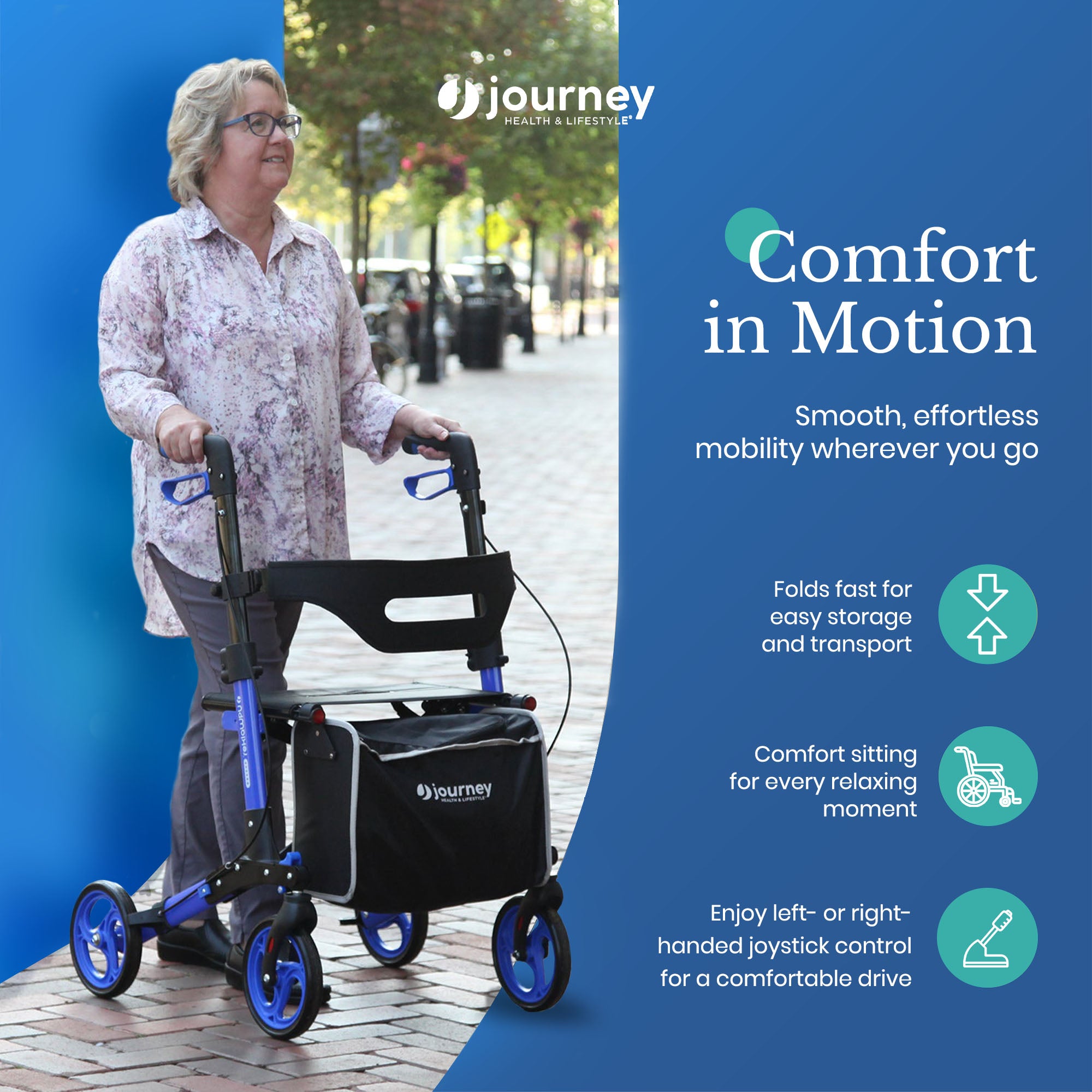 Journey UPWalker Breeze Traditional Rollator Walker with Seat for Adults, Blue - VMInnovations