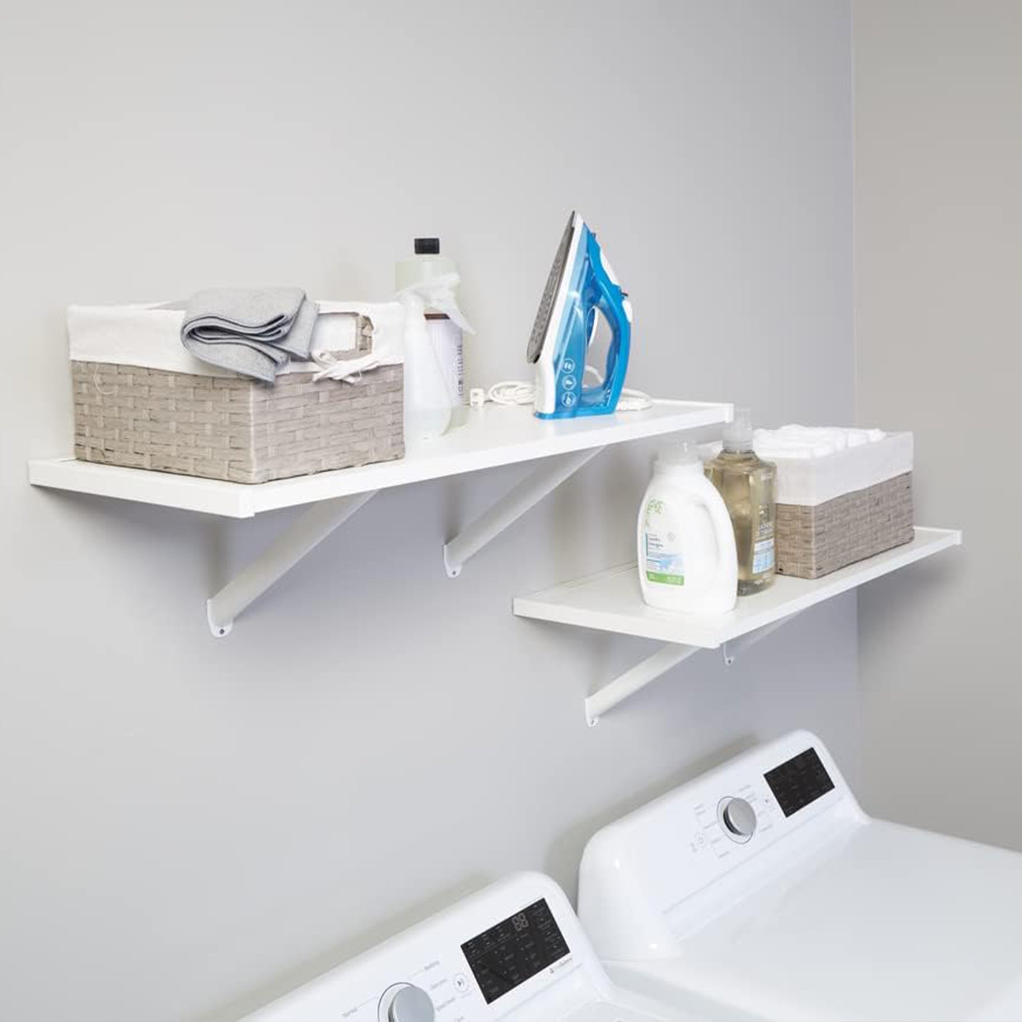 Rubbermaid 2 Pack 32" Premium Wood Wall Mounted Shelves Kit, 2 Tier Storage