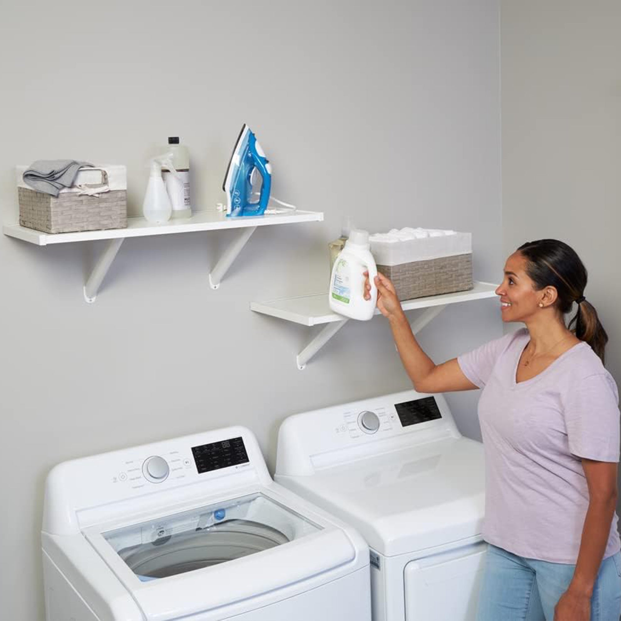 Rubbermaid 2 Pack 32" Premium Wood Wall Mounted Shelves Kit, 2 Tier Storage