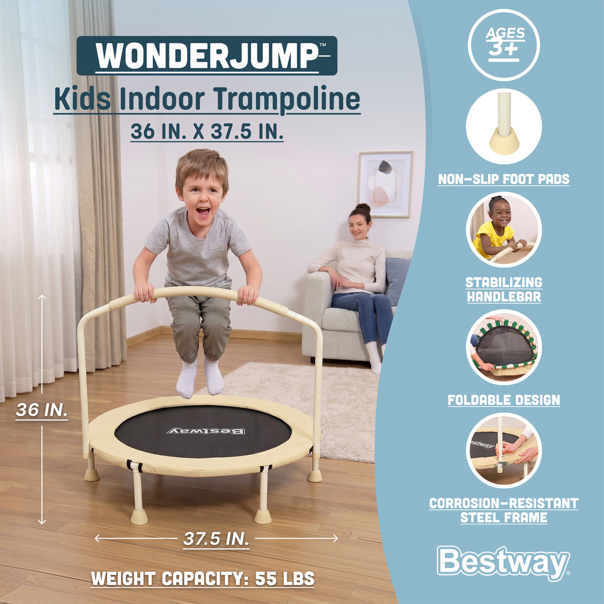 Fisher-Price WonderJump 3ft Indoor Mini Trampoline for Toddlers & Kids, Yellow