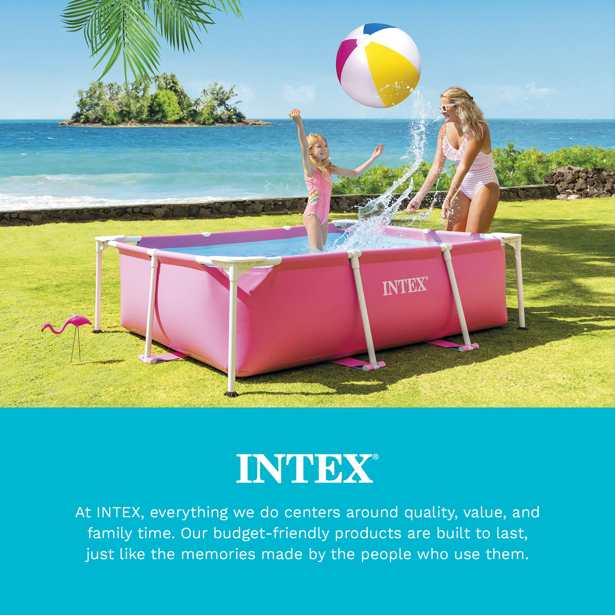 Intex 7' x 5' x 23.5" Metal Frame Above Ground Pool with Rectangular Cover, Pink