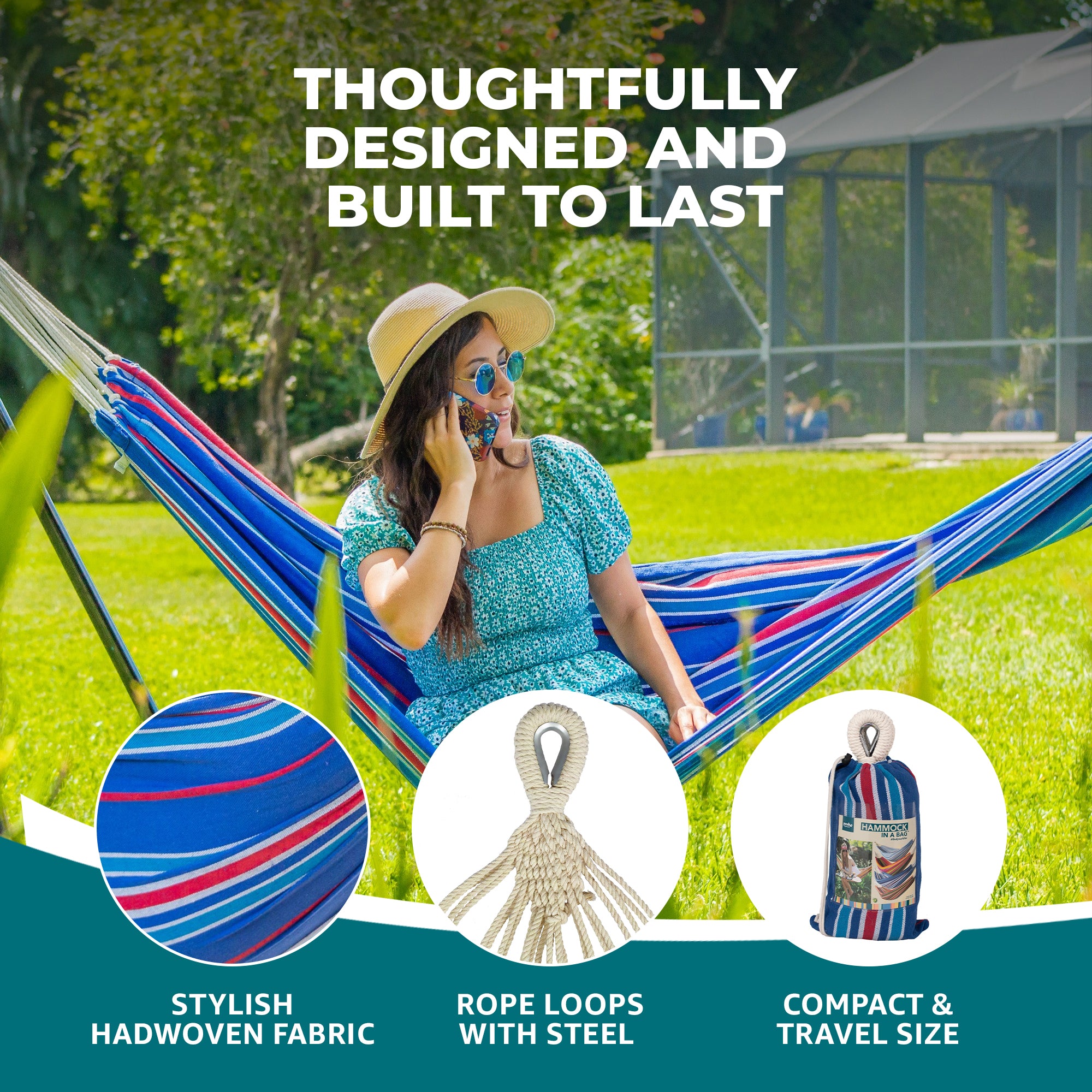 Bliss Hammocks Single Hammock with Rope Loops & Tree Straps, 220 lb, Patriot - VMInnovations