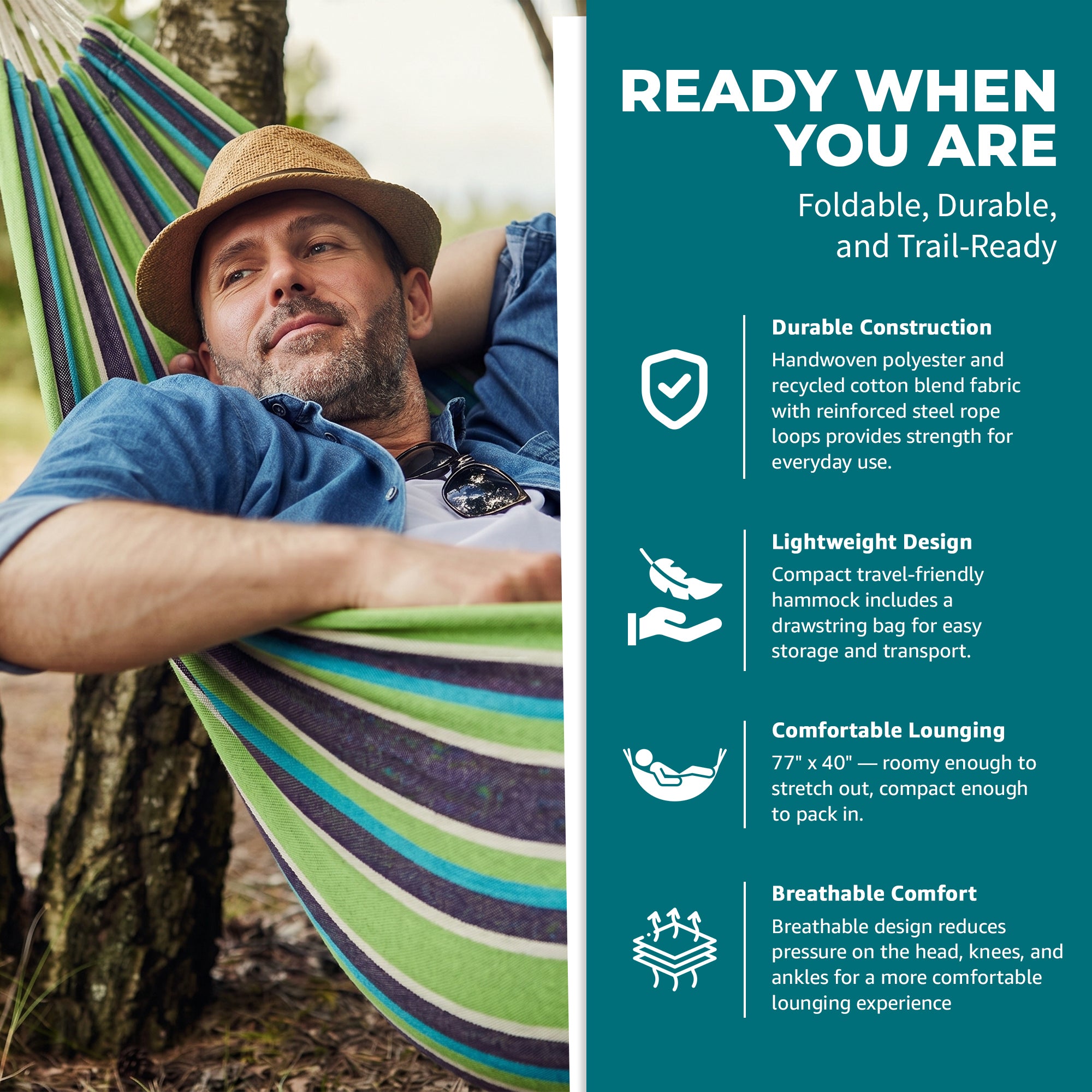 Bliss Hammocks Single Hammock with Rope Loops & Tree Straps, 220lb, Country Club - VMInnovations