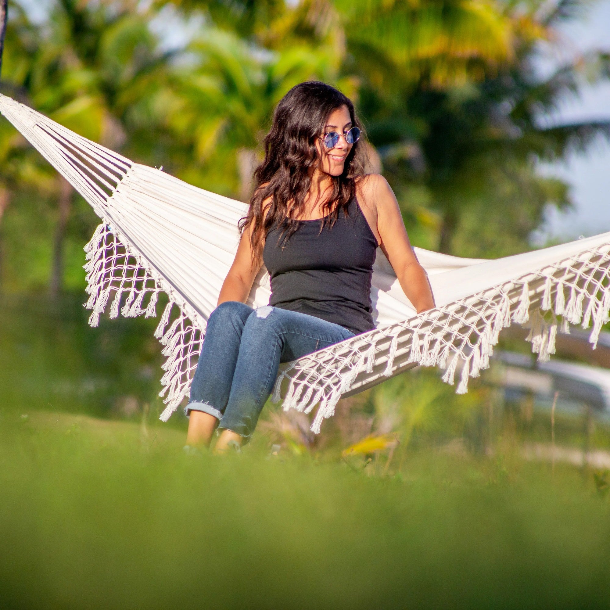 Bliss Hammocks Fringed Hammock w/ Rope Loops & Tree Straps, 250 lb, Natural - VMInnovations