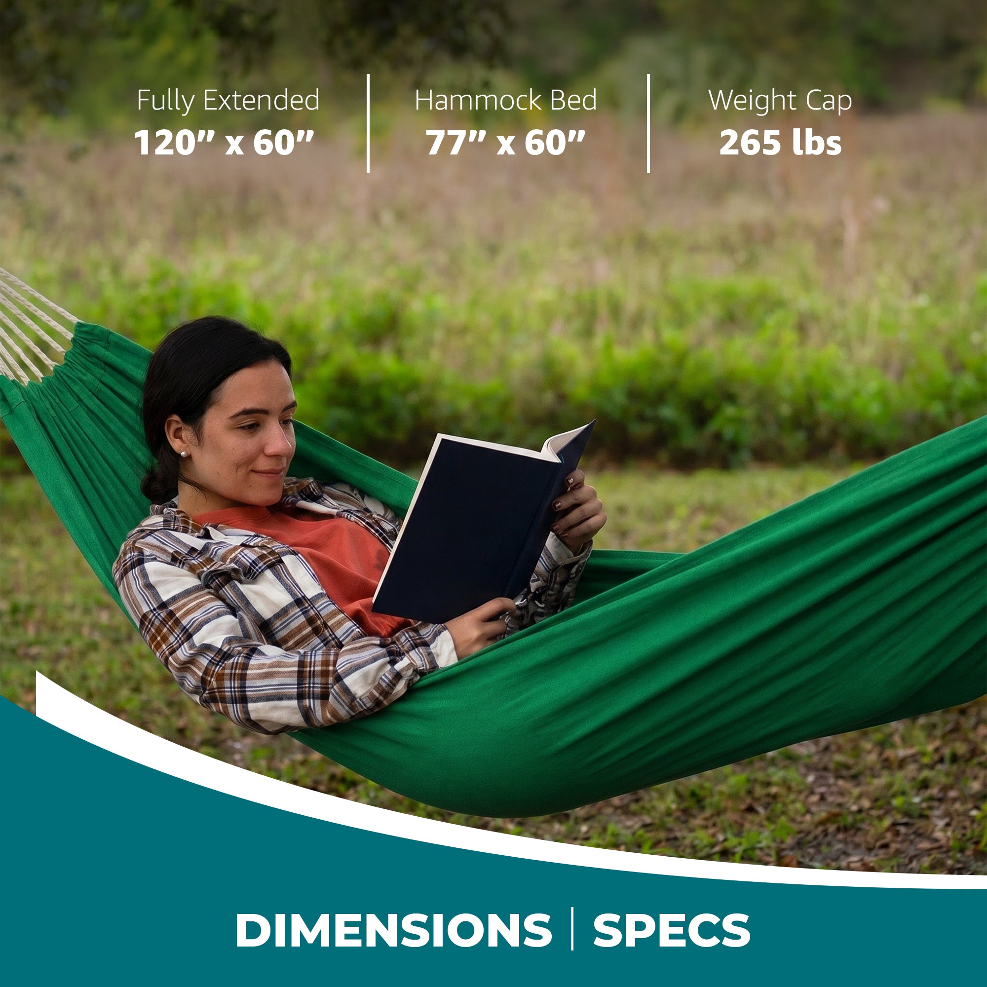 Bliss Hammocks Double Hammock with Rope Loops and Tree Straps, 265 lb, Green