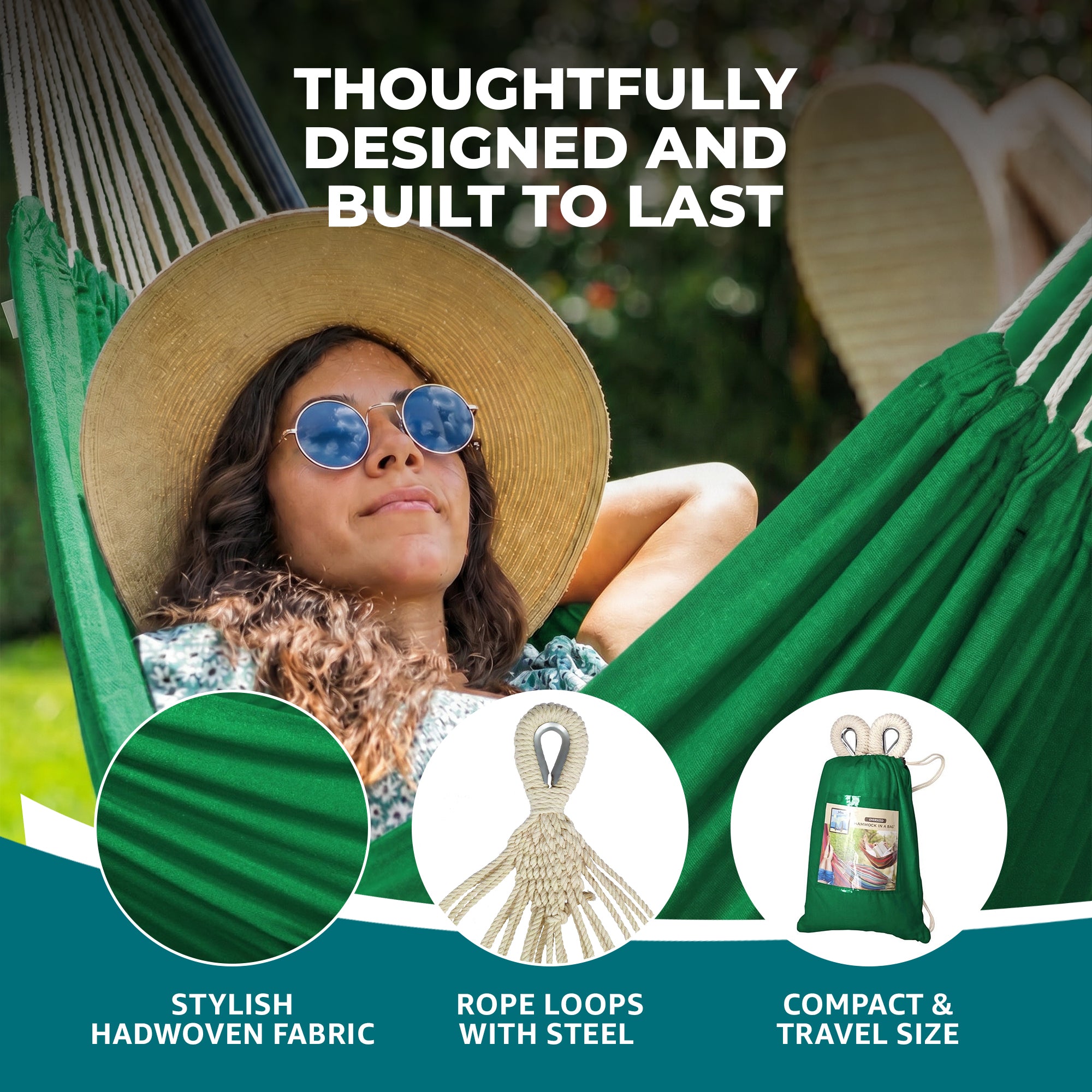 Bliss Hammocks Double Hammock with Rope Loops and Tree Straps, 265 lb, Green