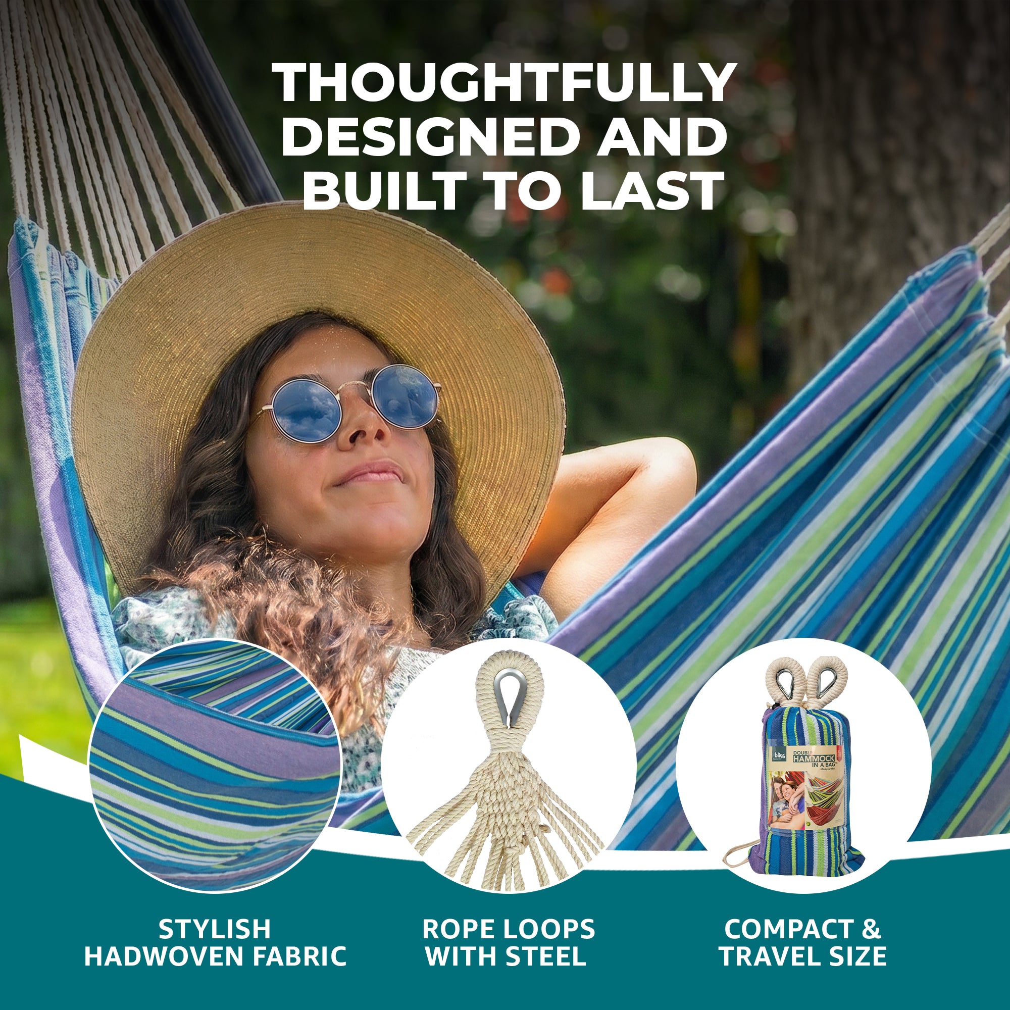 Bliss Hammocks Double Hammock w/ Rope Loops & Tree Straps, 265 lb, Malibu Stripe