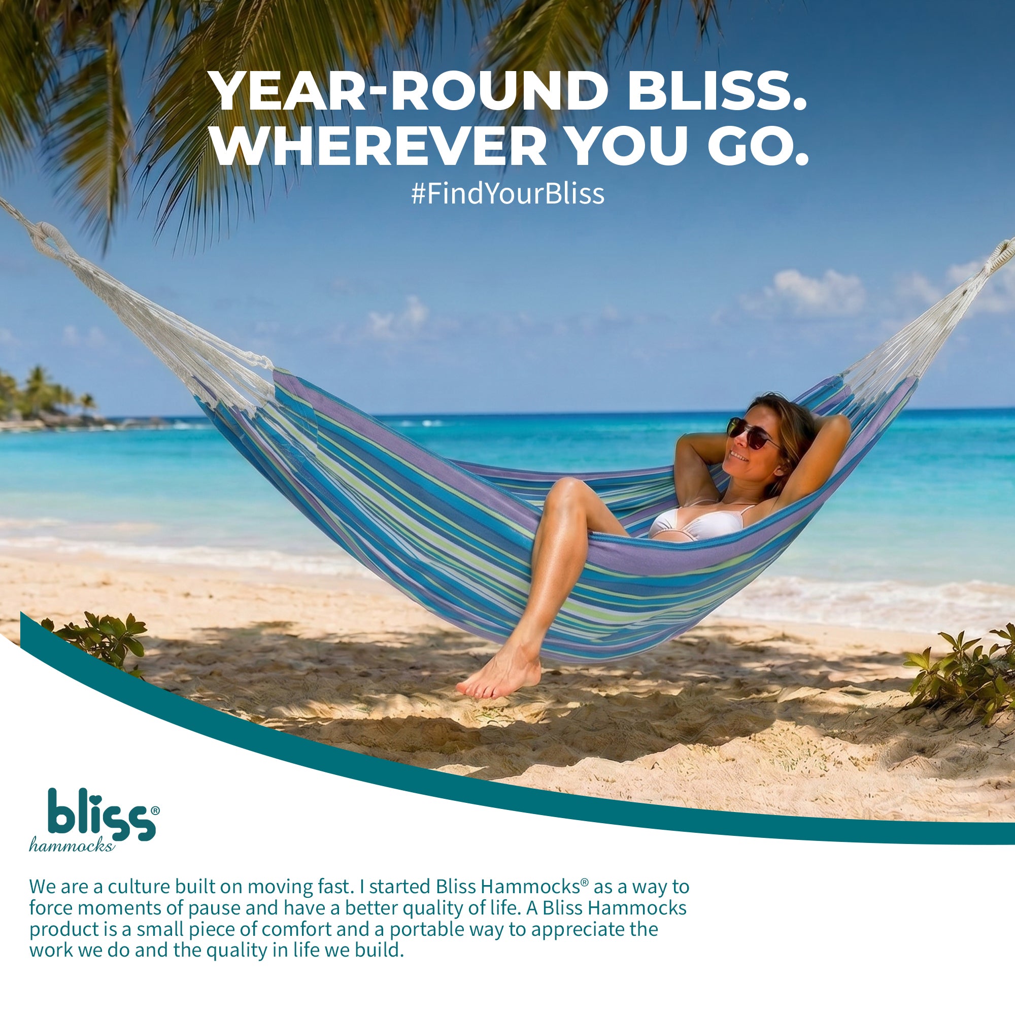 Bliss Hammocks Double Hammock w/ Rope Loops & Tree Straps, 265 lb, Malibu Stripe