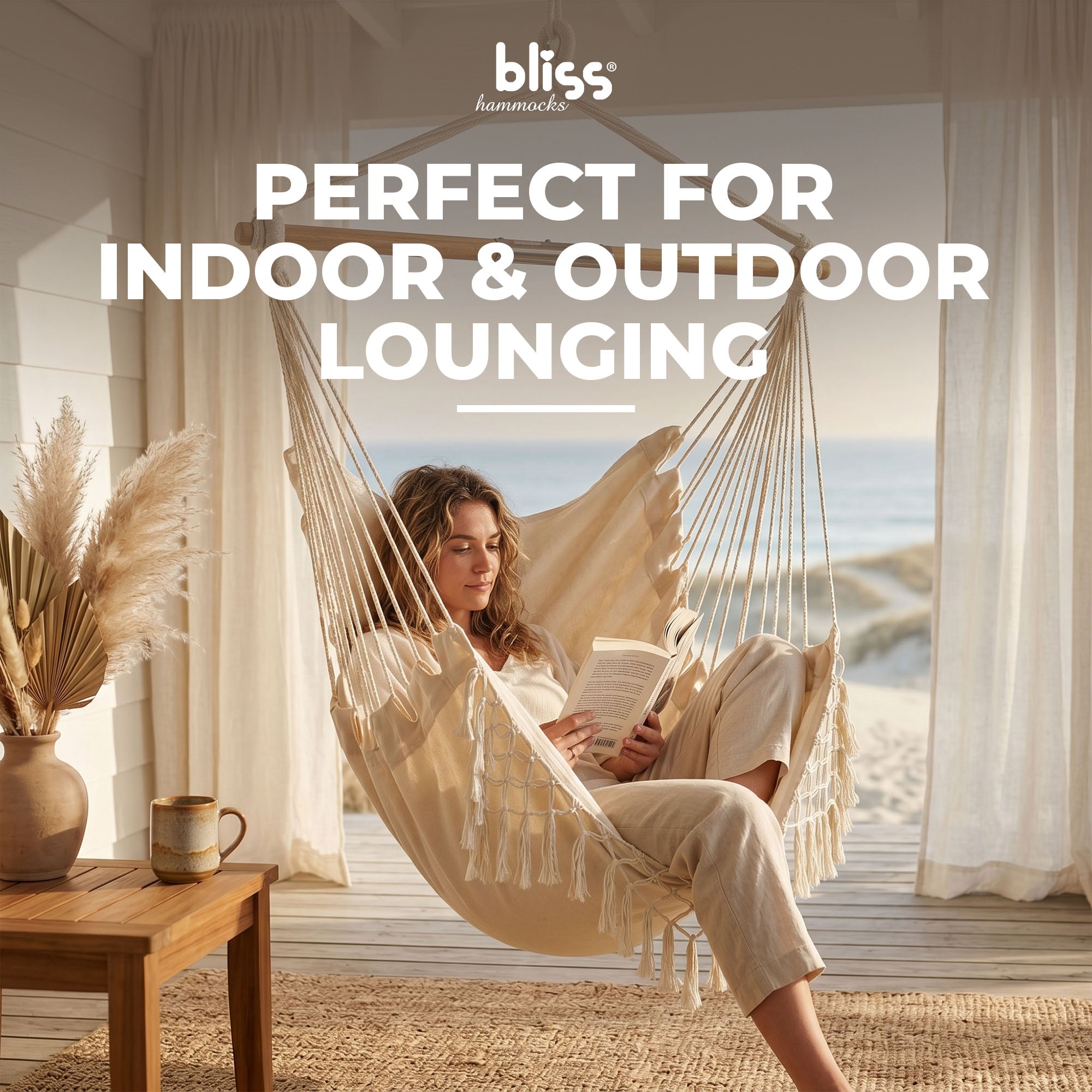 Bliss Hammocks Tahiti Fabric Hammock Chair with Spreader Bar and Hardware, Natural