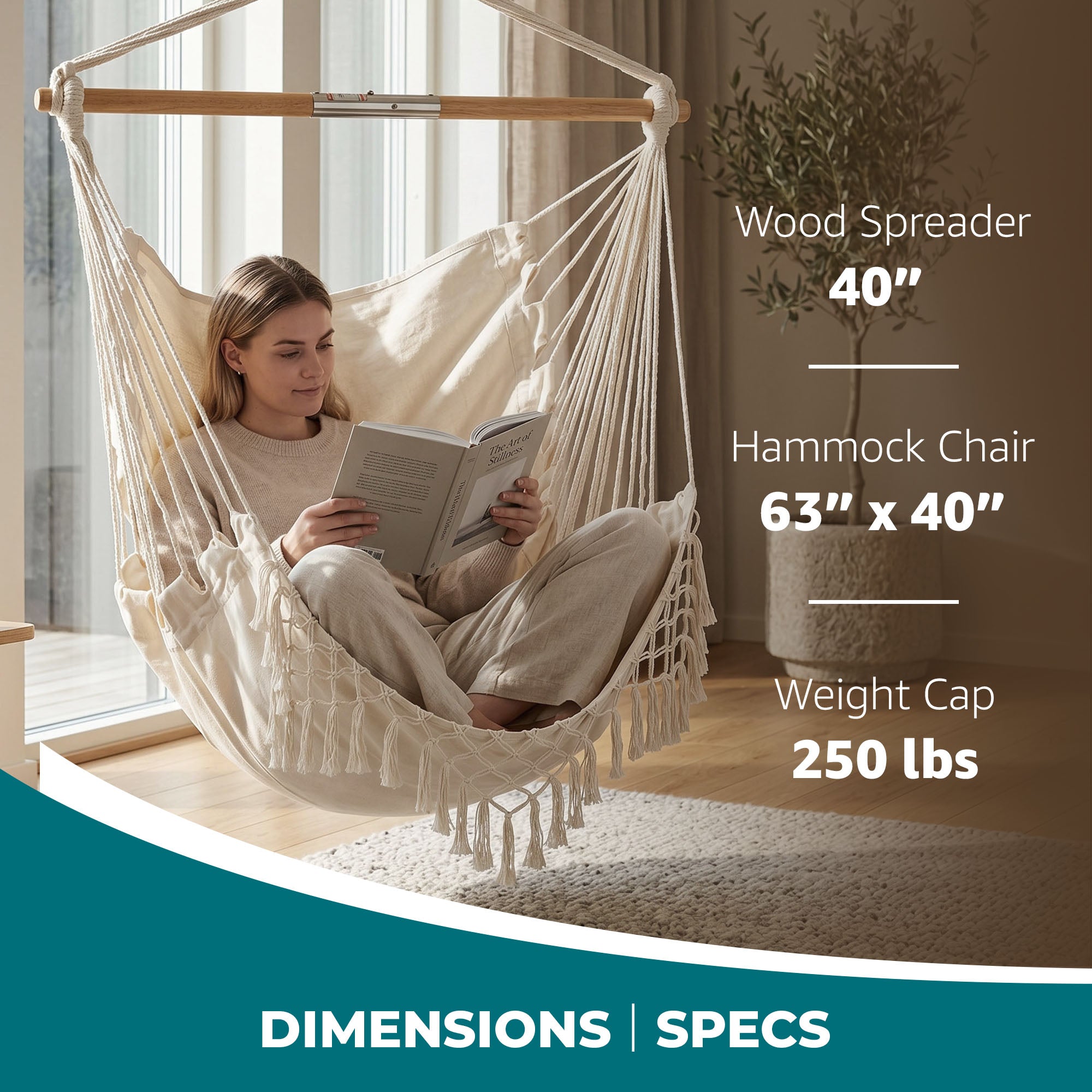 Bliss Hammocks Tahiti Fabric Hammock Chair with Spreader Bar and Hardware, Natural