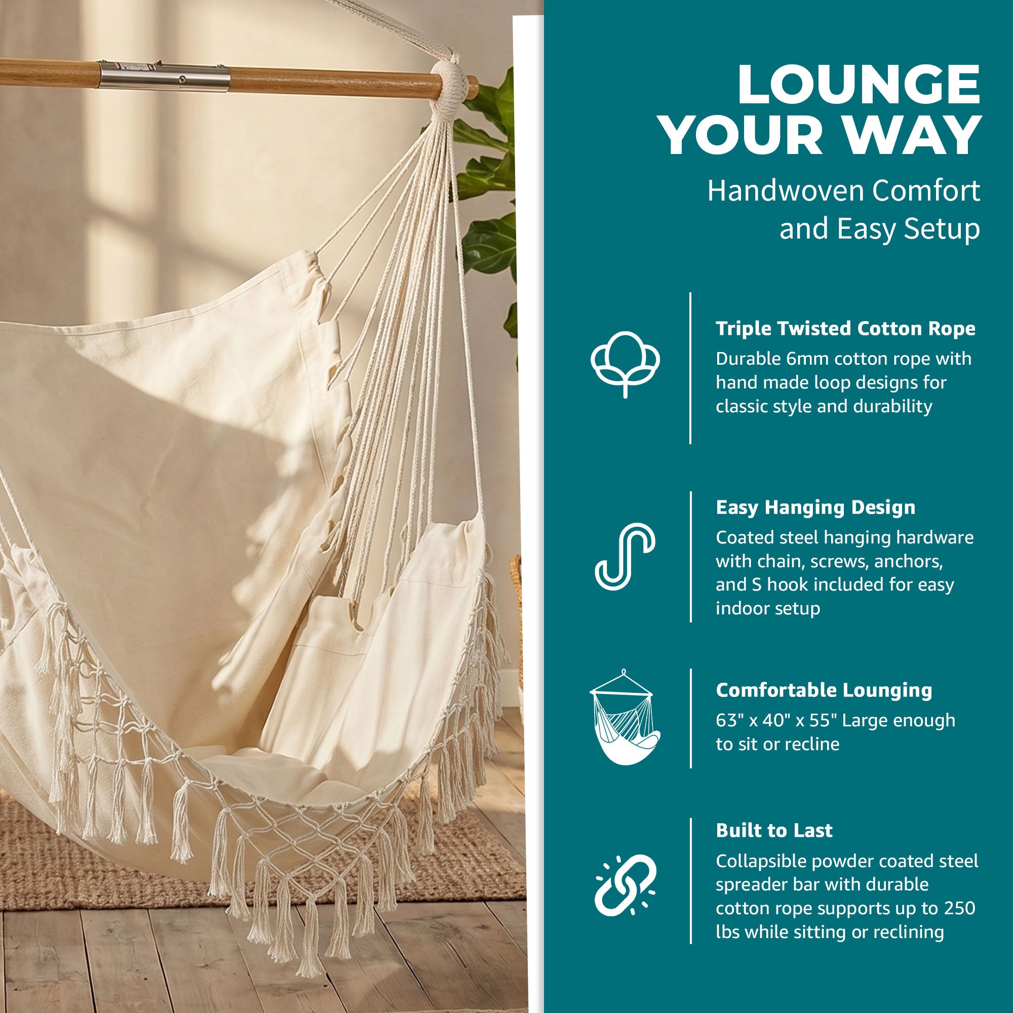 Bliss Hammocks Tahiti Fabric Hammock Chair with Spreader Bar and Hardware, Natural
