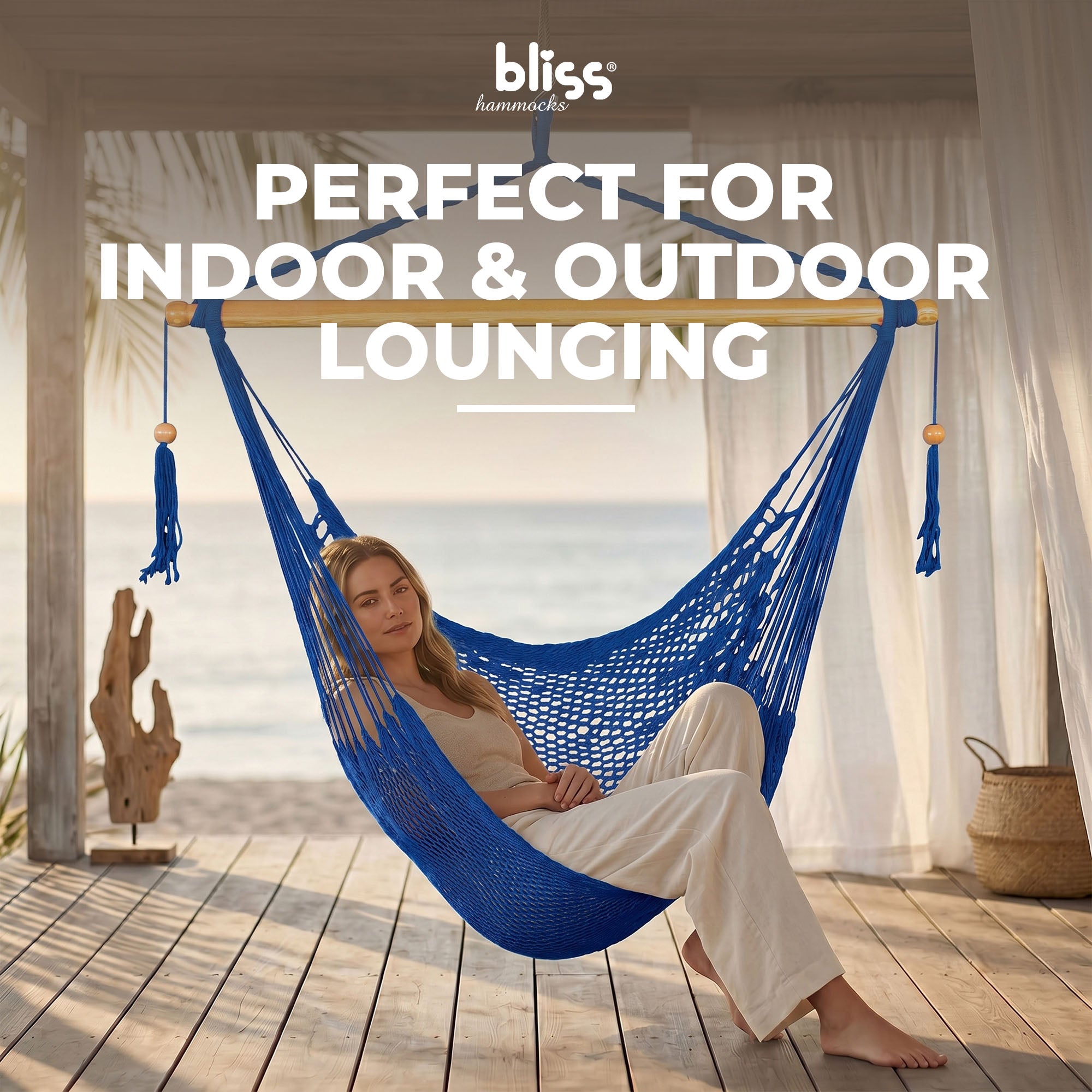 Bliss Hammocks Tahiti Rope Hammock Chair with Spreader Bar and Hardware, Blue - VMInnovations