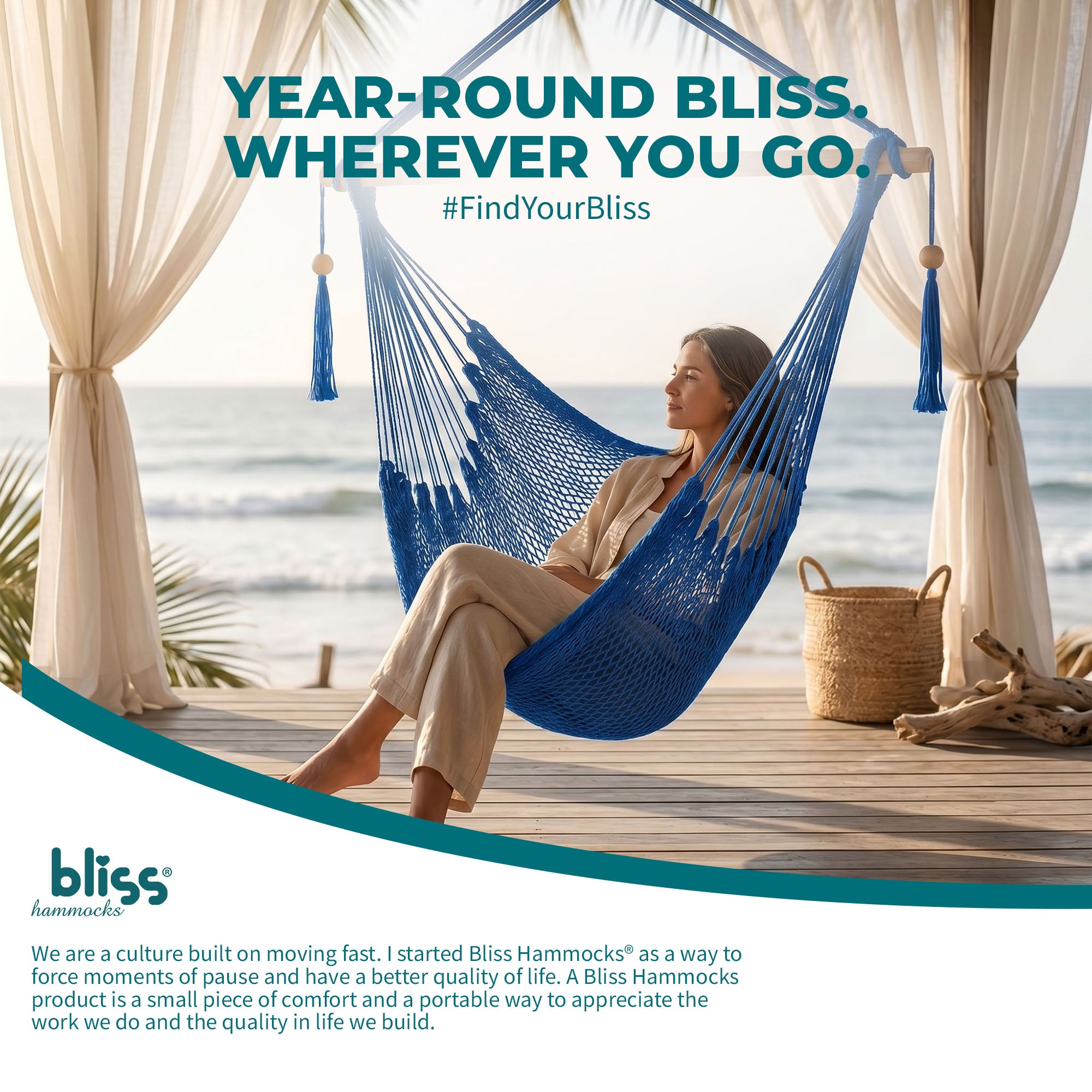 Bliss Hammocks Tahiti Rope Hammock Chair with Spreader Bar and Hardware, Blue - VMInnovations