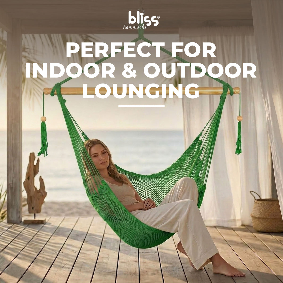 Bliss Hammocks Tahiti Rope Hammock Chair with Spreader Bar and Hardware, Green (Open Box)