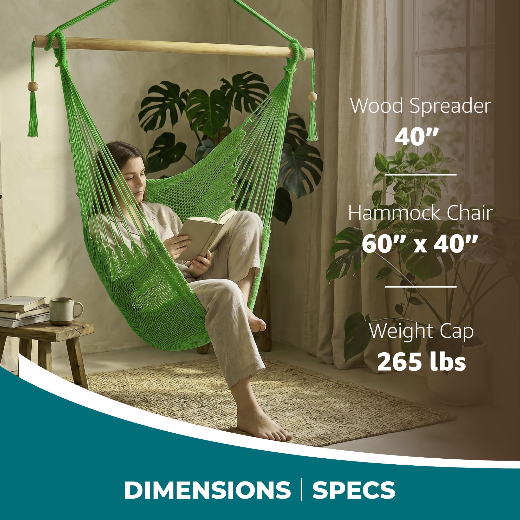 Bliss Hammocks Tahiti Rope Hammock Chair with Spreader Bar and Hardware, Green (Open Box)