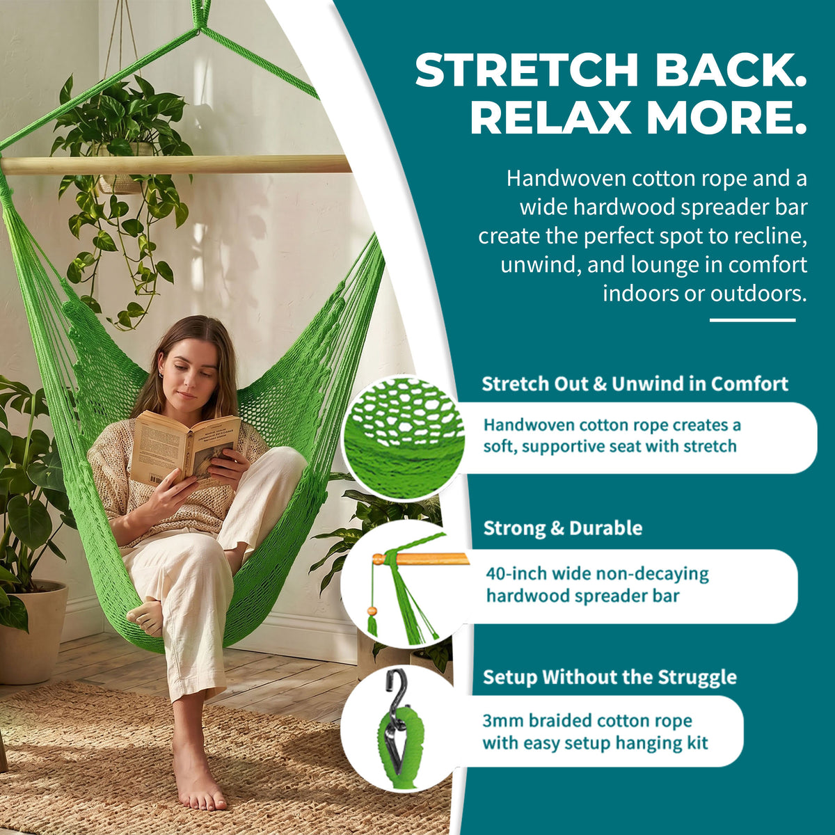 Bliss Hammocks Tahiti Rope Hammock Chair with Spreader Bar and Hardware, Green (Open Box)