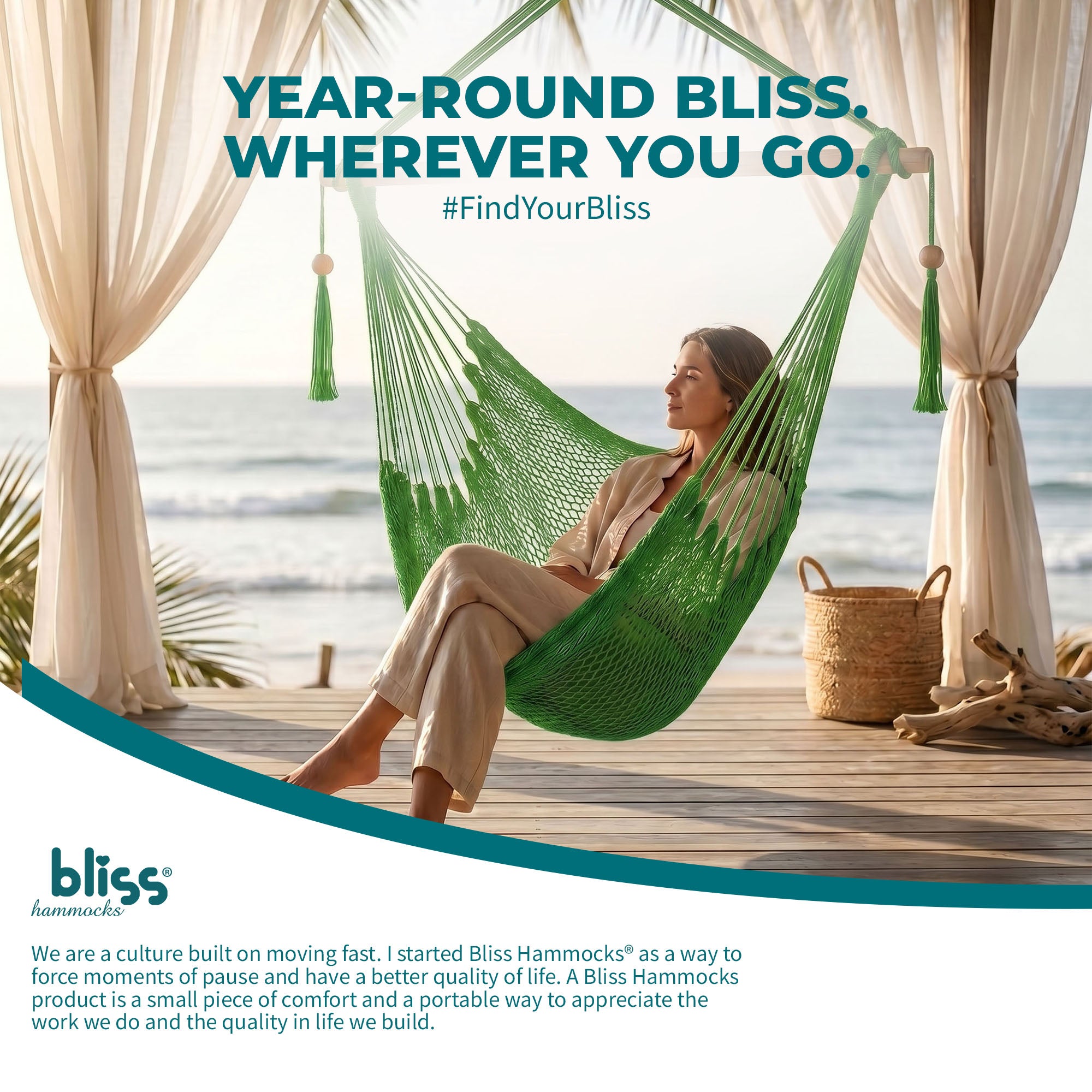 Bliss Hammocks Tahiti Rope Hammock Chair with Spreader Bar and Hardware, Green (Open Box)