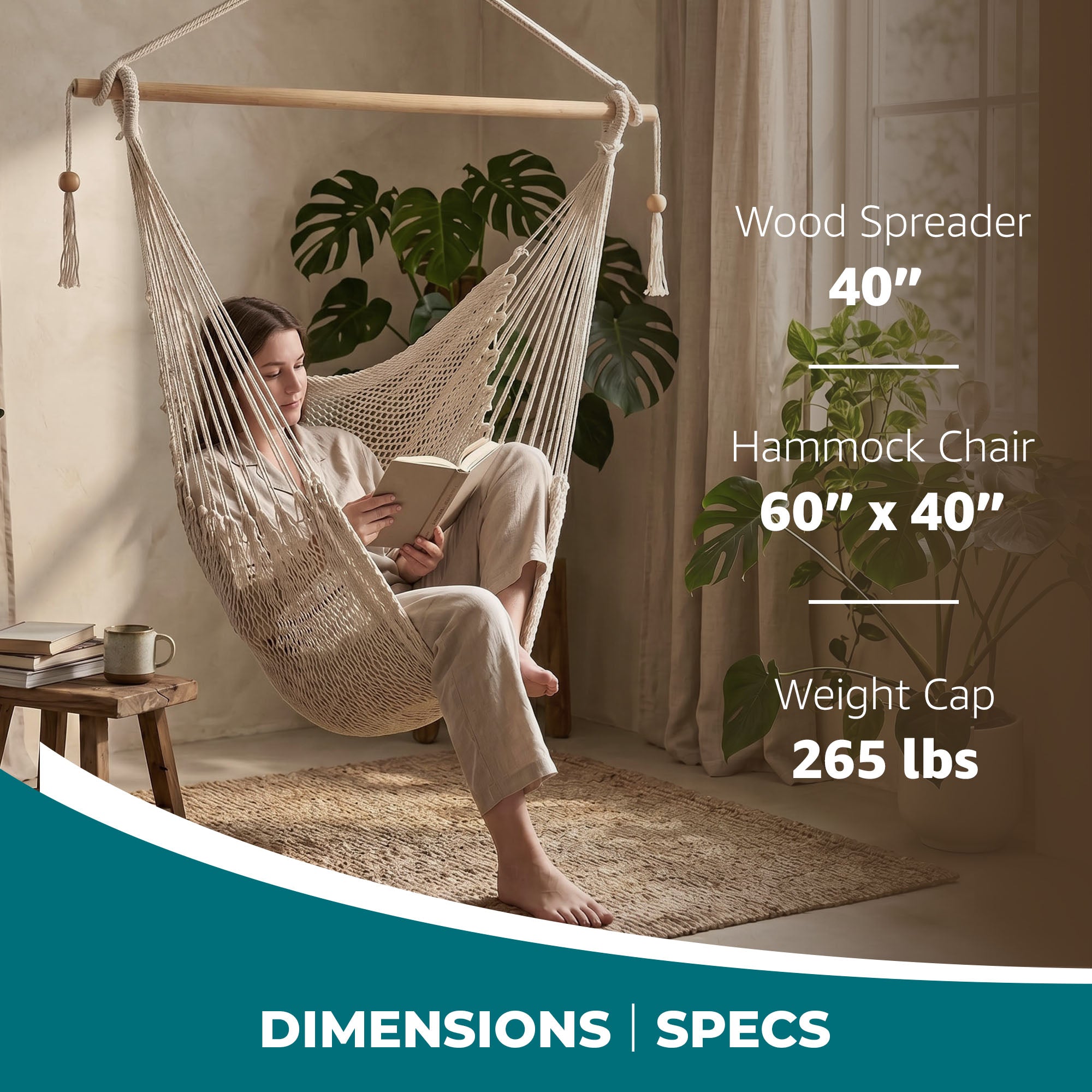Bliss Hammocks Tahiti Rope Hammock Chair with Spreader Bar and Hardware, Natural - VMInnovations
