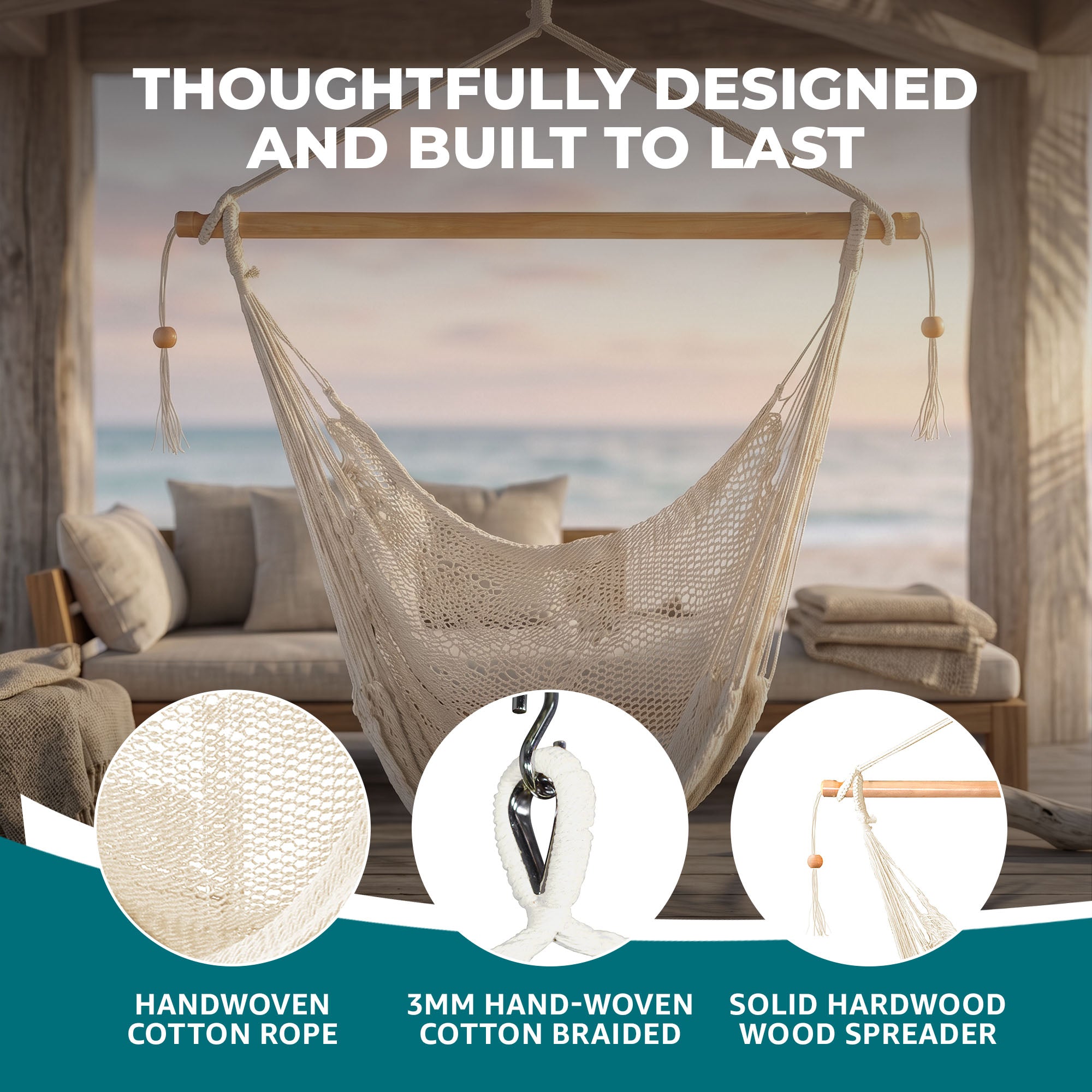 Bliss Hammocks Tahiti Rope Hammock Chair with Spreader Bar and Hardware, Natural - VMInnovations