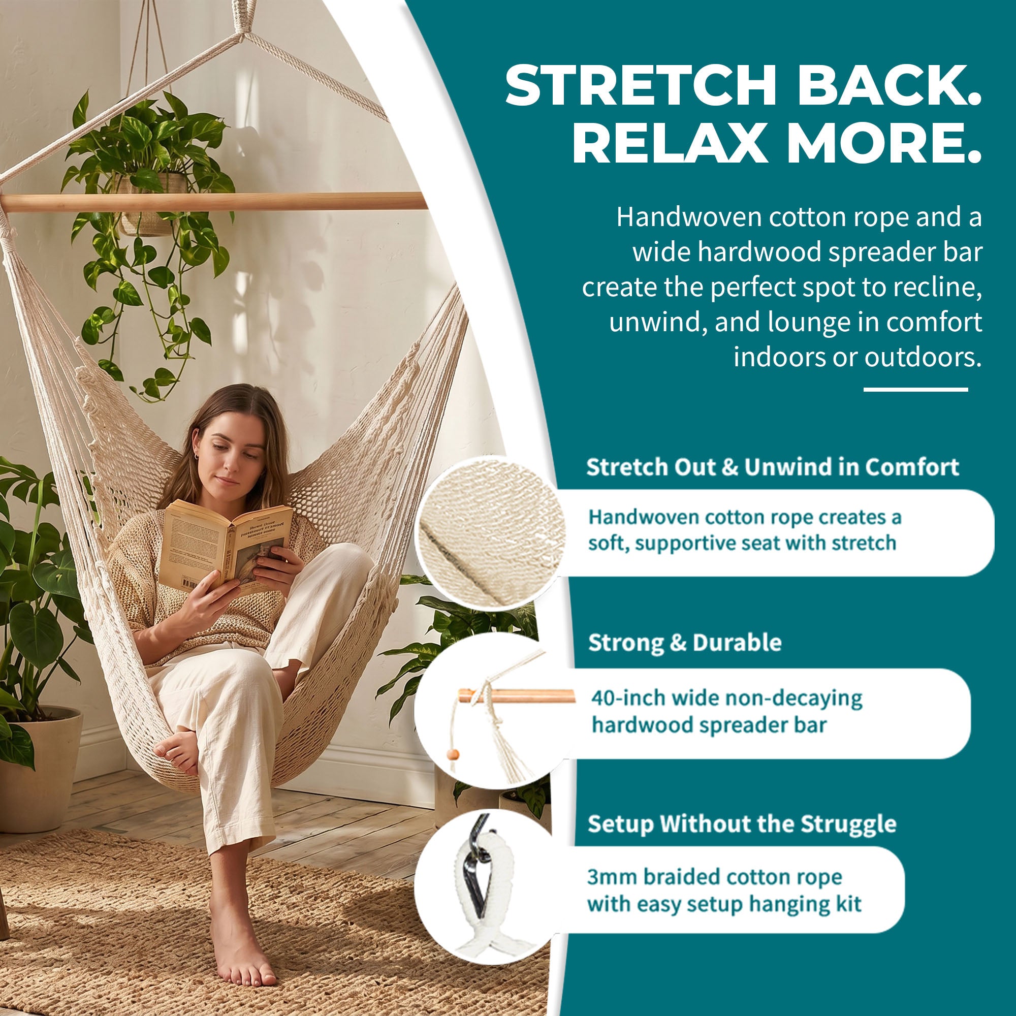 Bliss Hammocks Tahiti Rope Hammock Chair with Spreader Bar and Hardware, Natural - VMInnovations
