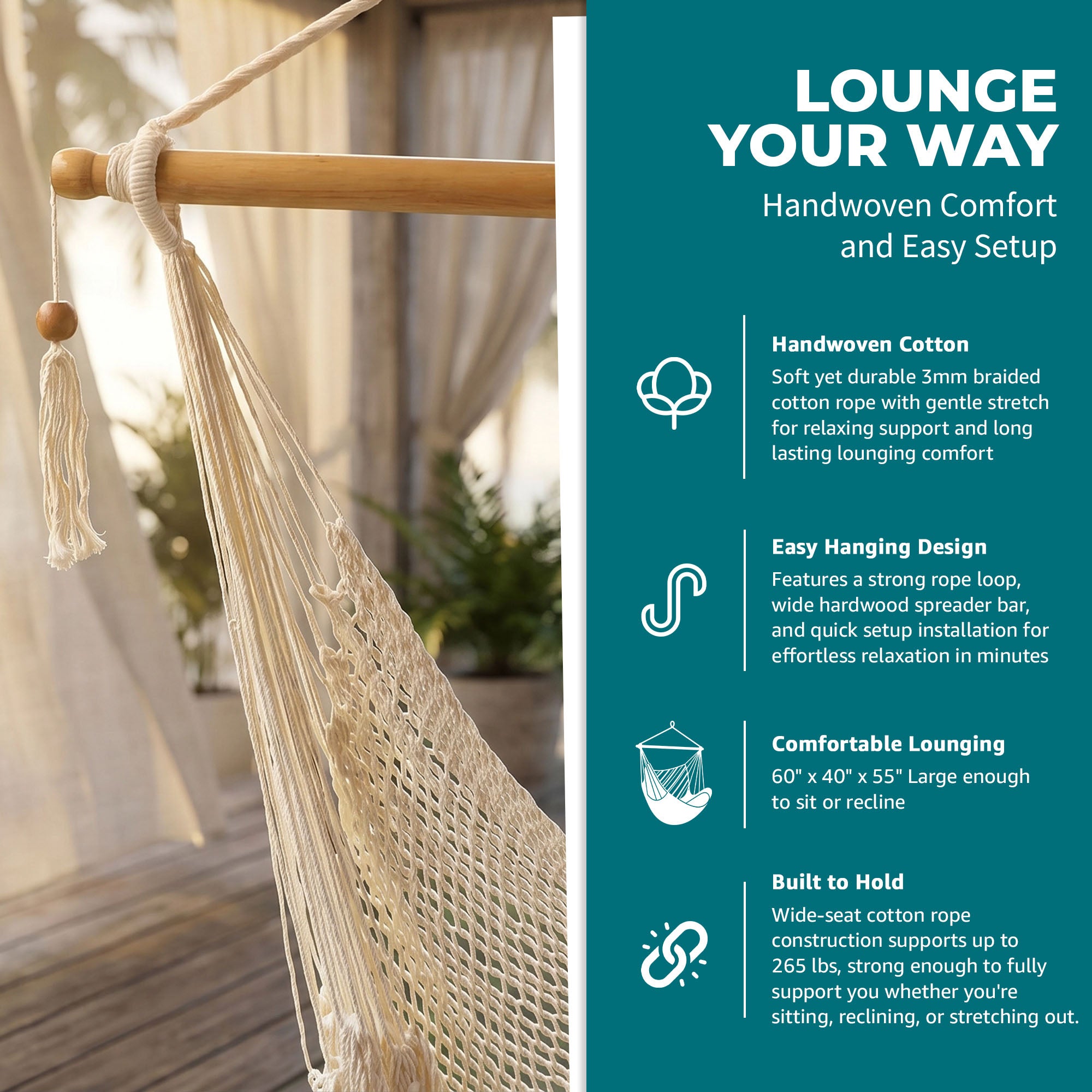 Bliss Hammocks Tahiti Rope Hammock Chair with Spreader Bar and Hardware, Natural - VMInnovations