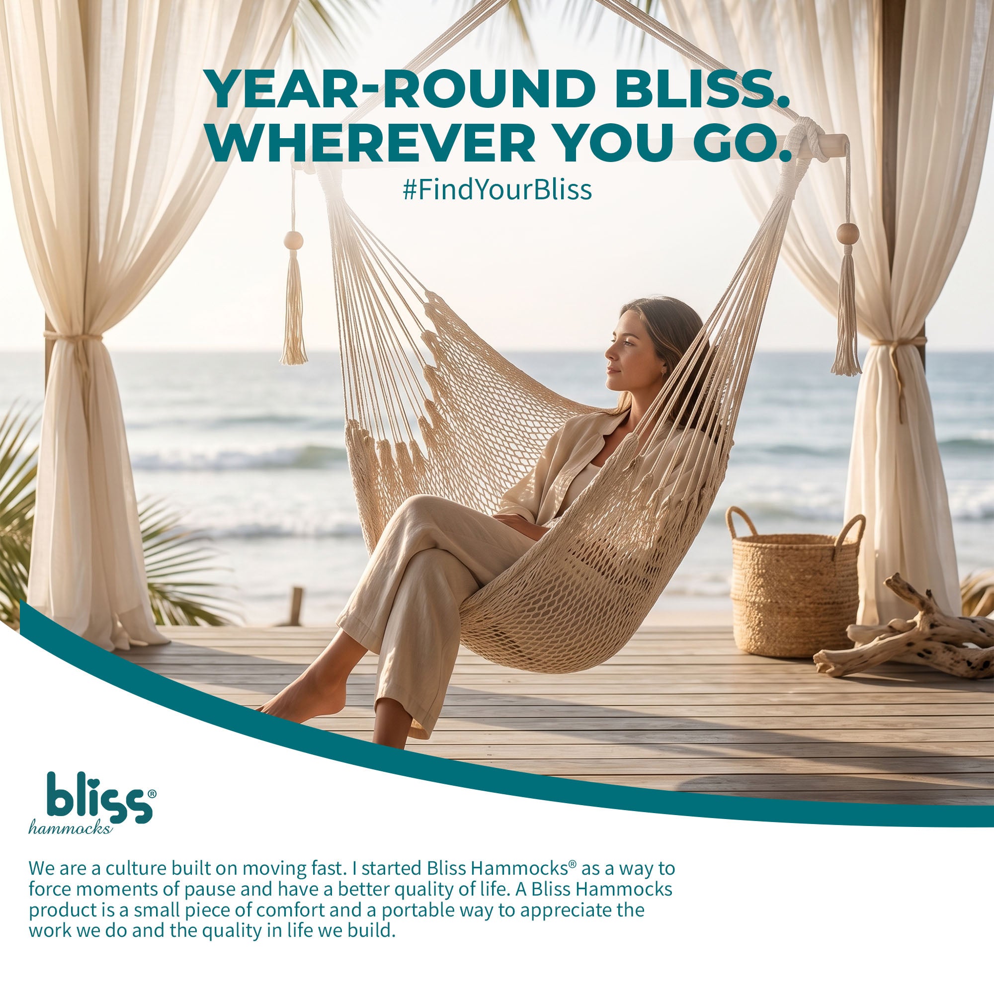 Bliss Hammocks Tahiti Rope Hammock Chair with Spreader Bar and Hardware, Natural - VMInnovations
