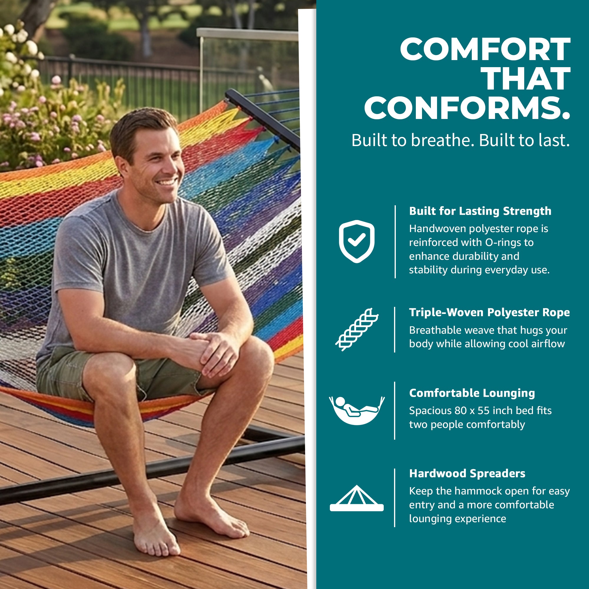 Bliss Hammocks Weekender 2-Person Polyester Rope Hammock w/ Spreader Bar, 80x55 - VMInnovations