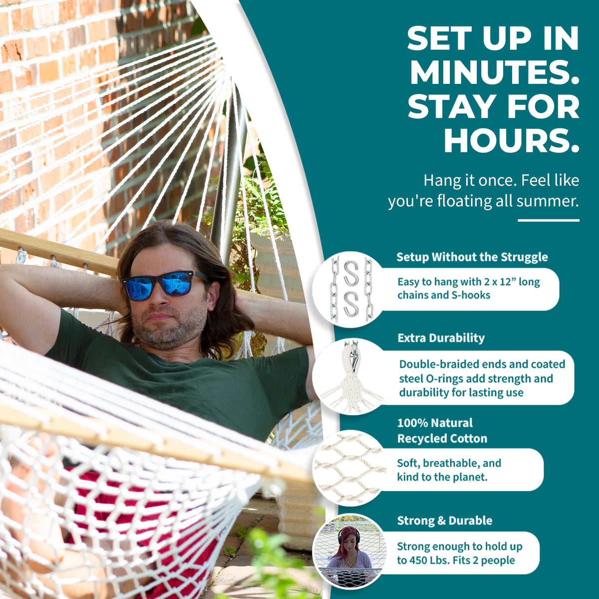 Bliss Hammocks Classic 2-Person Cotton Rope Hammock w/Spreader, 80x60,(Open Box) - VMInnovations