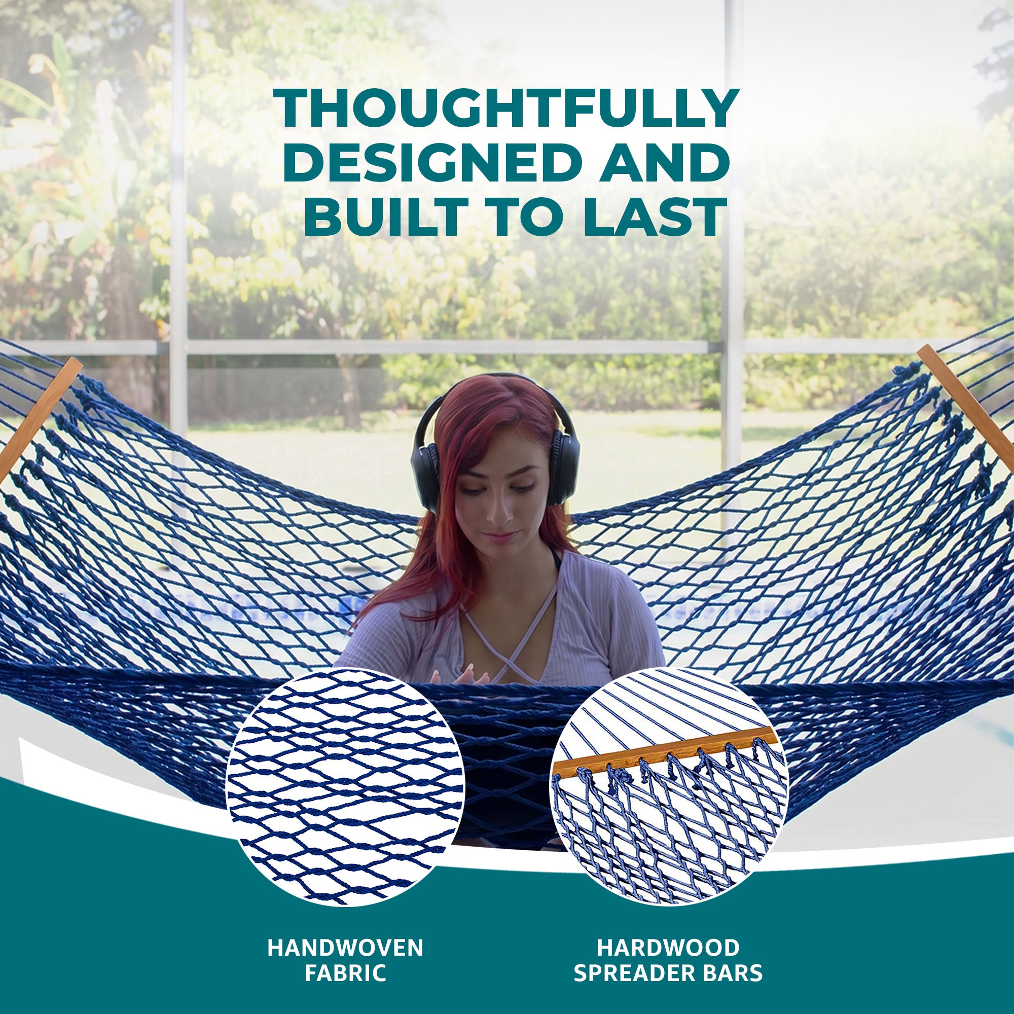 Bliss Hammocks Classic 2-Person Cotton Rope Hammock w/Spreader Bar, 80x60, Blue - VMInnovations