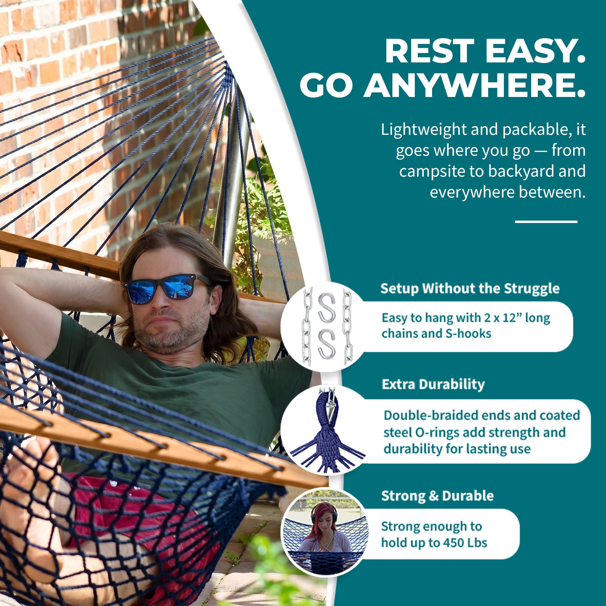 Bliss Hammocks Classic 2-Person Cotton Rope Hammock w/Spreader Bar, 80x60, Blue - VMInnovations