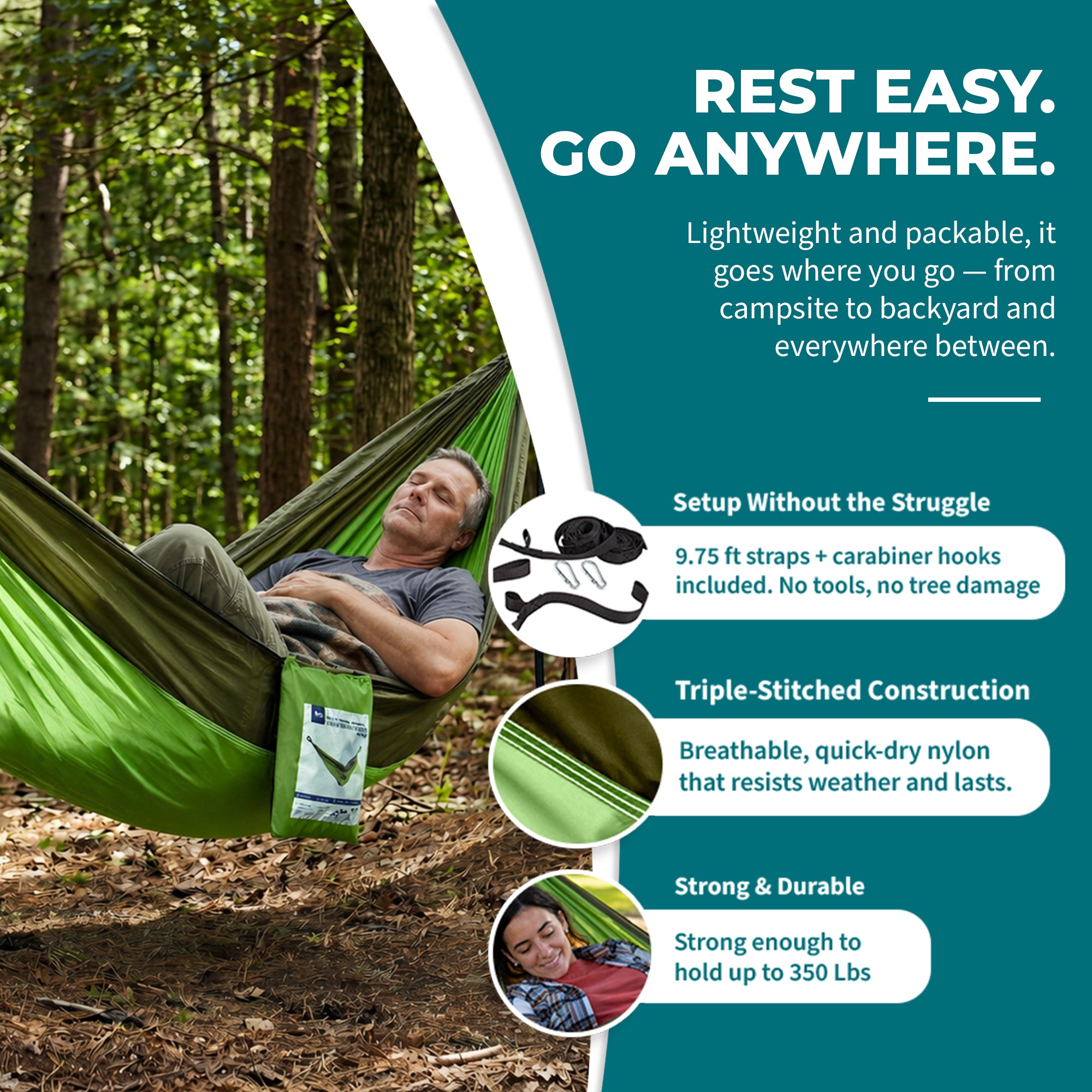 Bliss Hammocks Hammock in a Bag with Carabiner Hooks & Tree Straps, Forest Green - VMInnovations