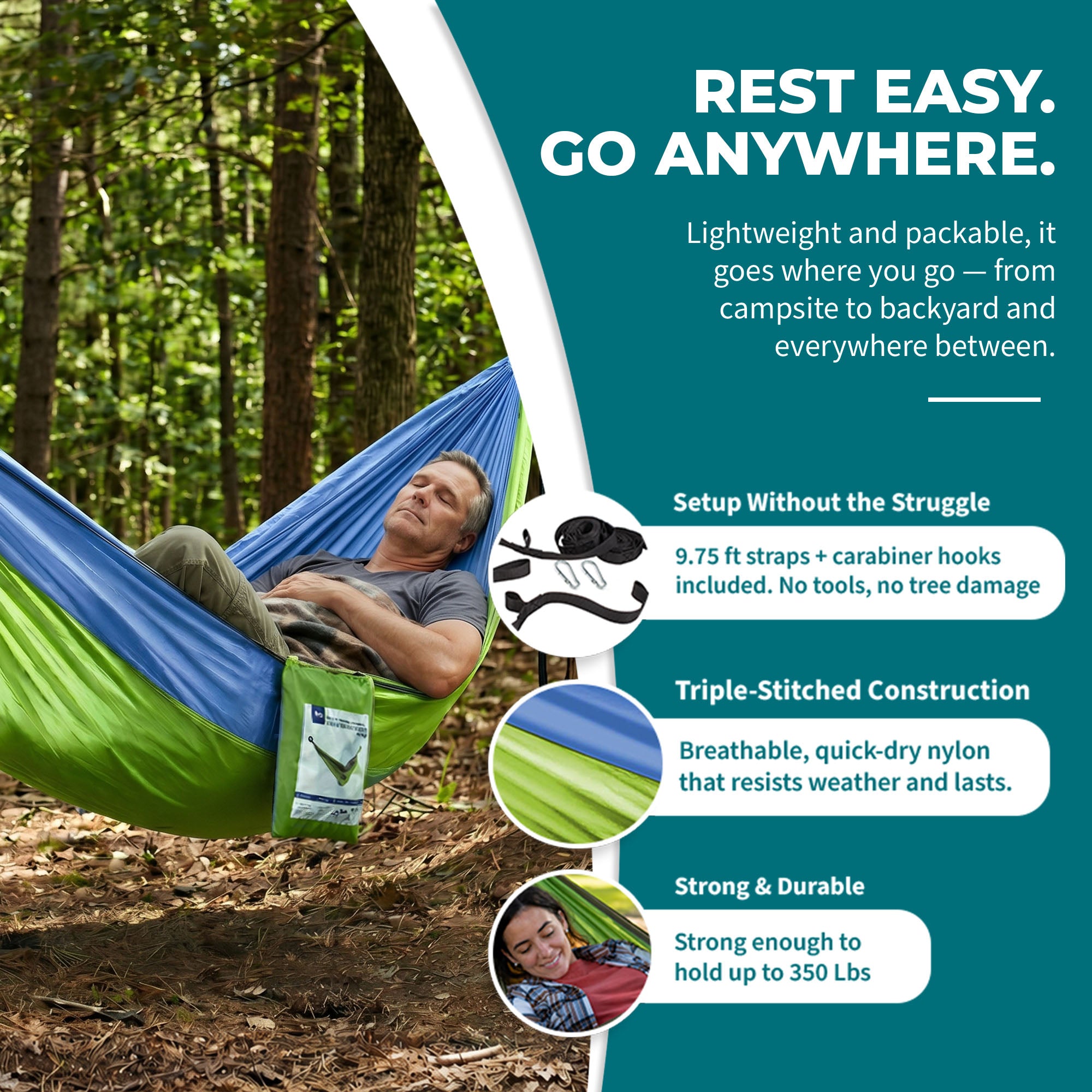 Bliss Hammocks Hammock in a Bag with Carabiner Hooks & Tree Straps, Mermaid - VMInnovations