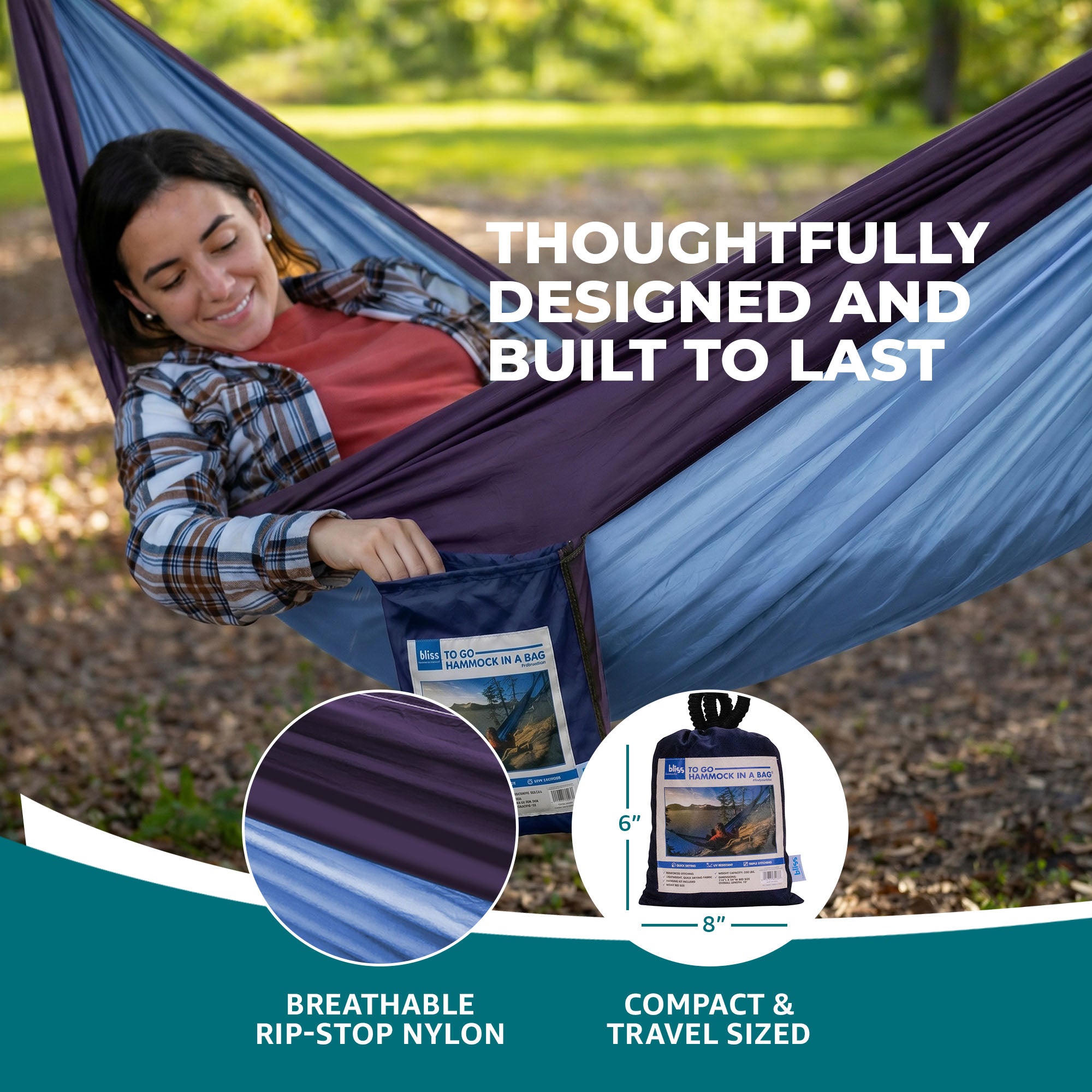 Bliss Hammocks Hammock in a Bag with Carabiner Hooks & Tree Straps, Royal Blue