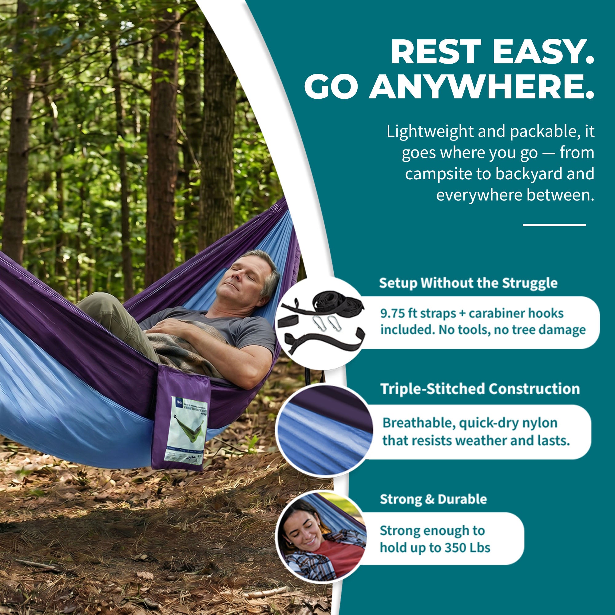 Bliss Hammocks Hammock in a Bag with Carabiner Hooks & Tree Straps, Royal Blue