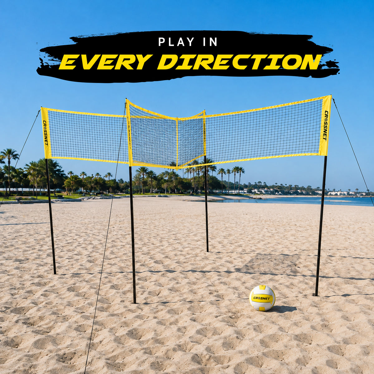 Vivere CROSSNET 4 Square Outdoor Volleyball Game Net Set with Ball, Yellow/White - VMInnovations