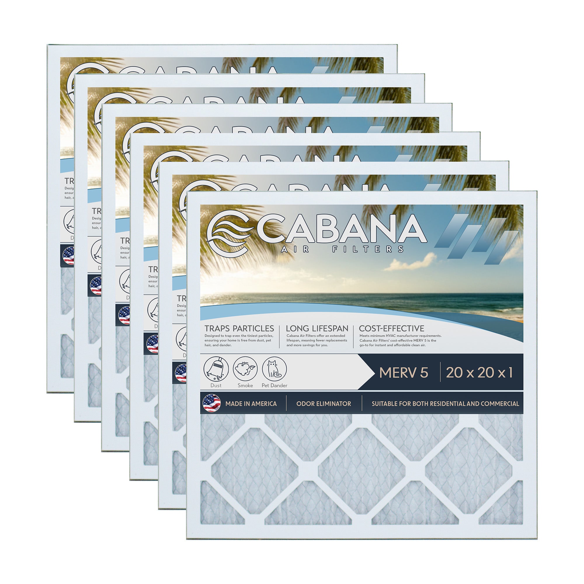 Cabana Air Filters 6 Pack HVAC Furnace Air Filters, MERV 5, 20 x 20 x 1, White - VMInnovations